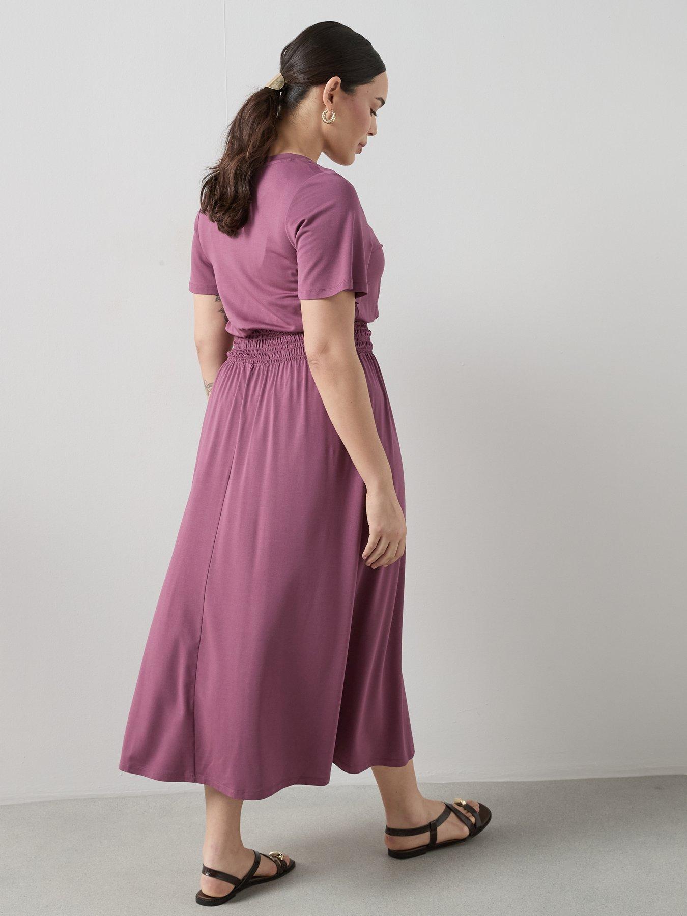 Image 2 of 6 of The Very Collection Curve Shirred Waist Stretch Short Sleeve Midi Dress - Pink