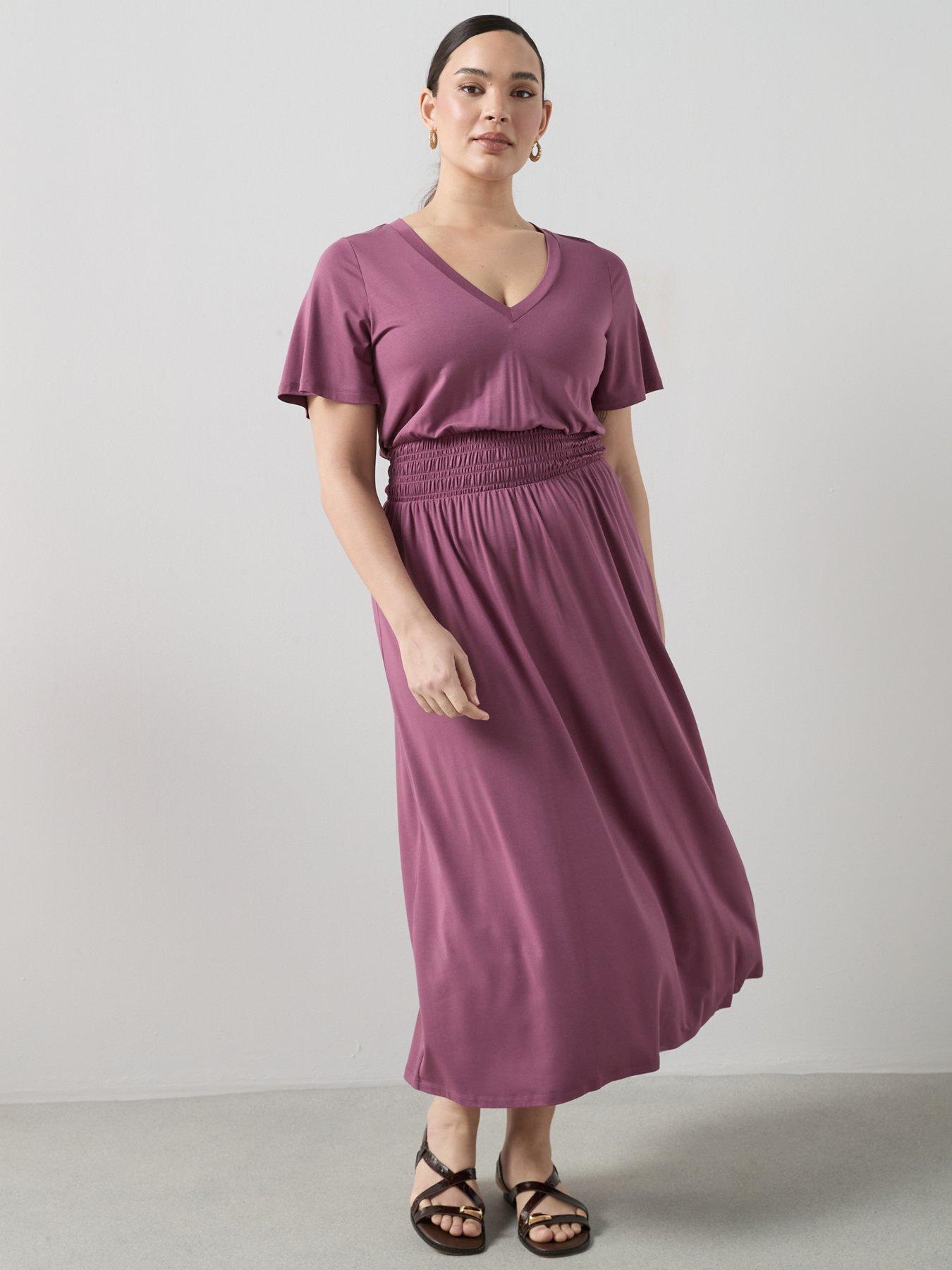 Image 3 of 6 of The Very Collection Curve Shirred Waist Stretch Short Sleeve Midi Dress - Pink