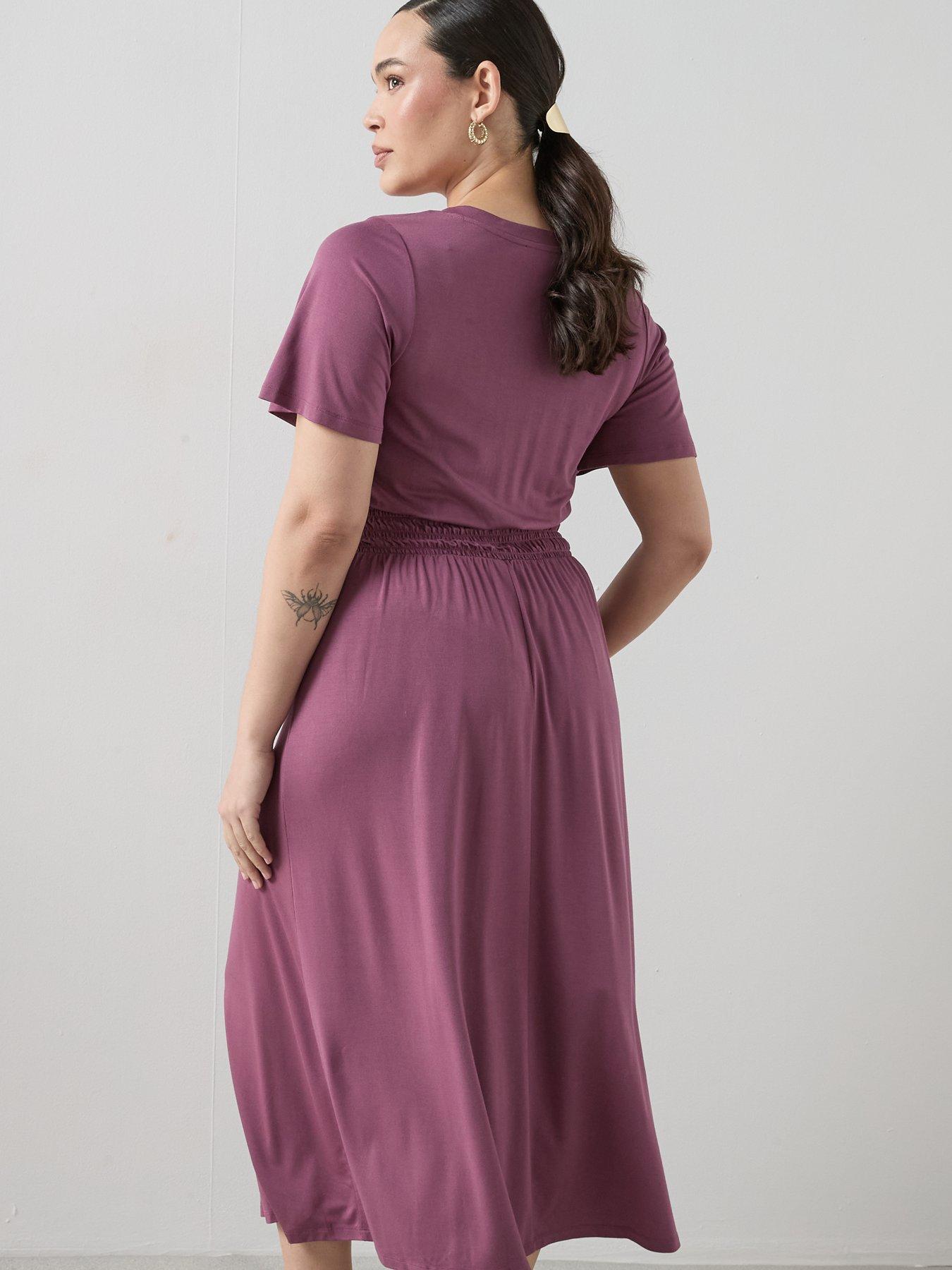 Image 6 of 6 of The Very Collection Curve Shirred Waist Stretch Short Sleeve Midi Dress - Pink