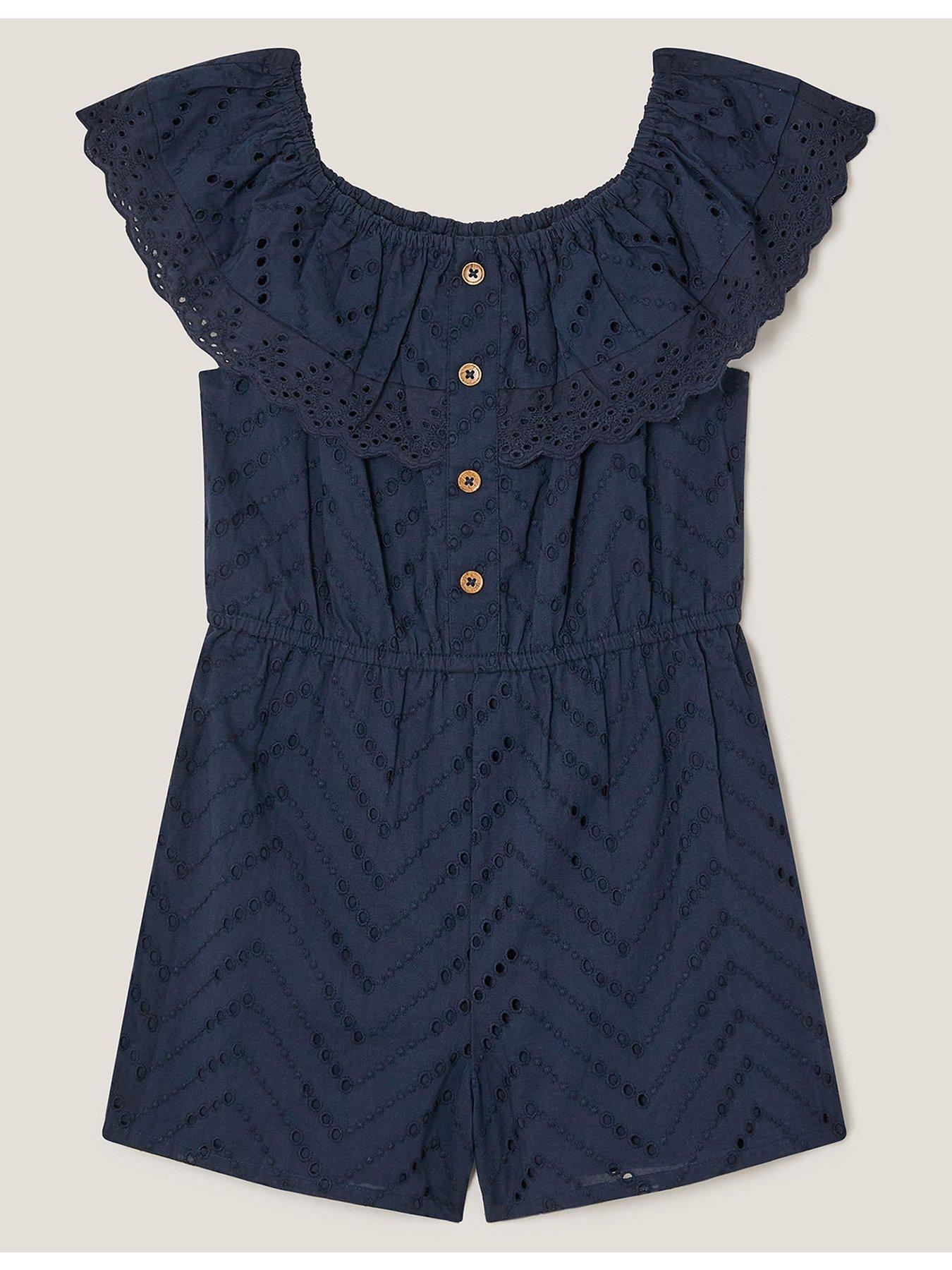 Monsoon Girls Broderie Playsuit - Navy