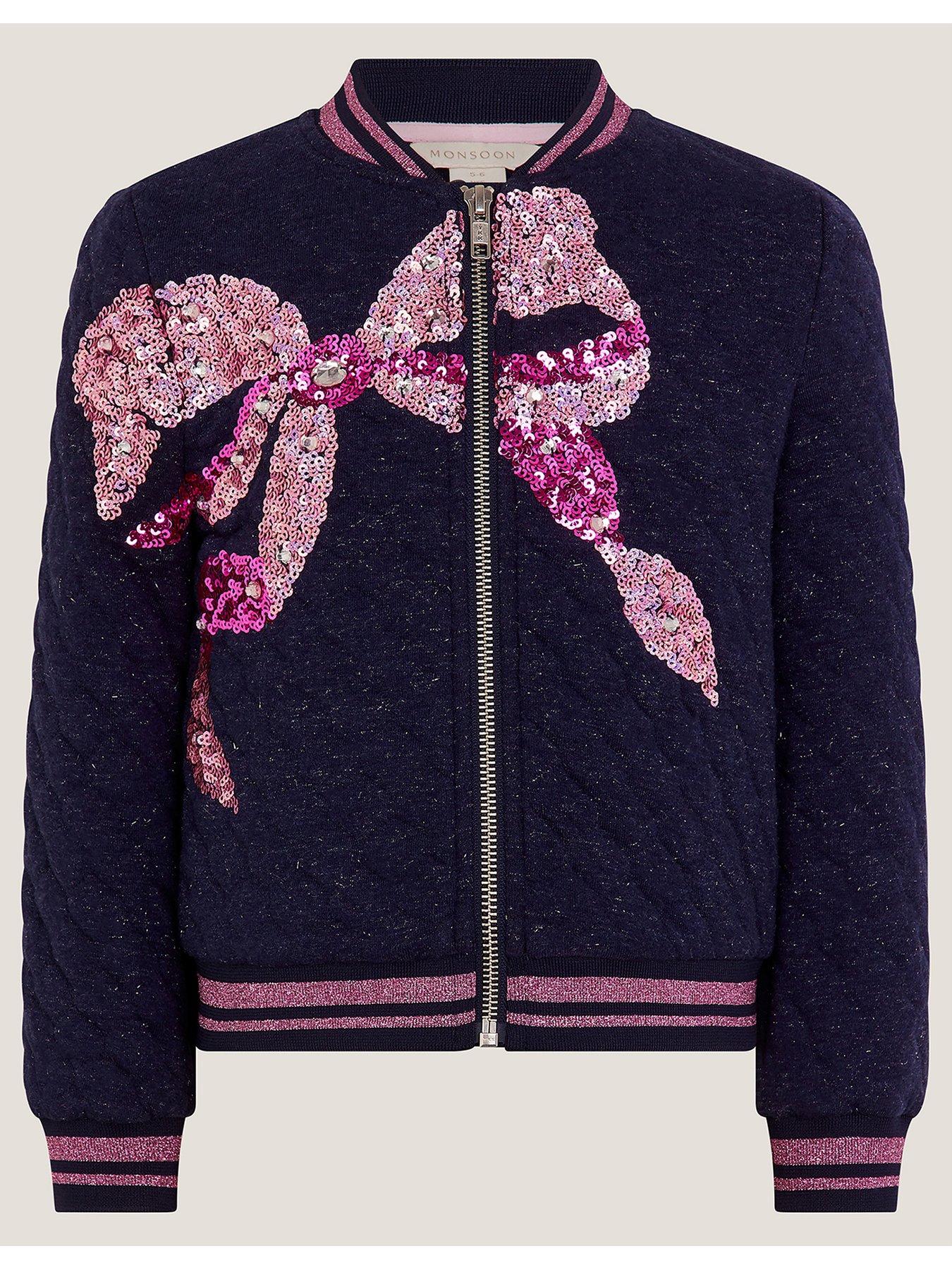 Monsoon Girls Bow Sequin Embroidered Bomber Jacket - Navy