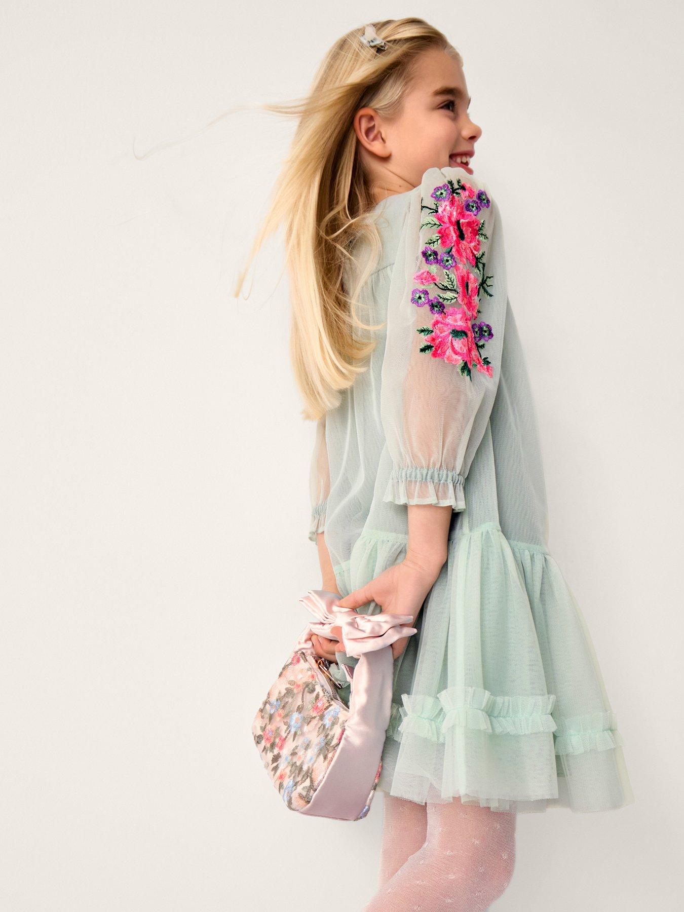 Monsoon Girls Peony Embroidered Tulle Long Sleeve Dress - Light Green