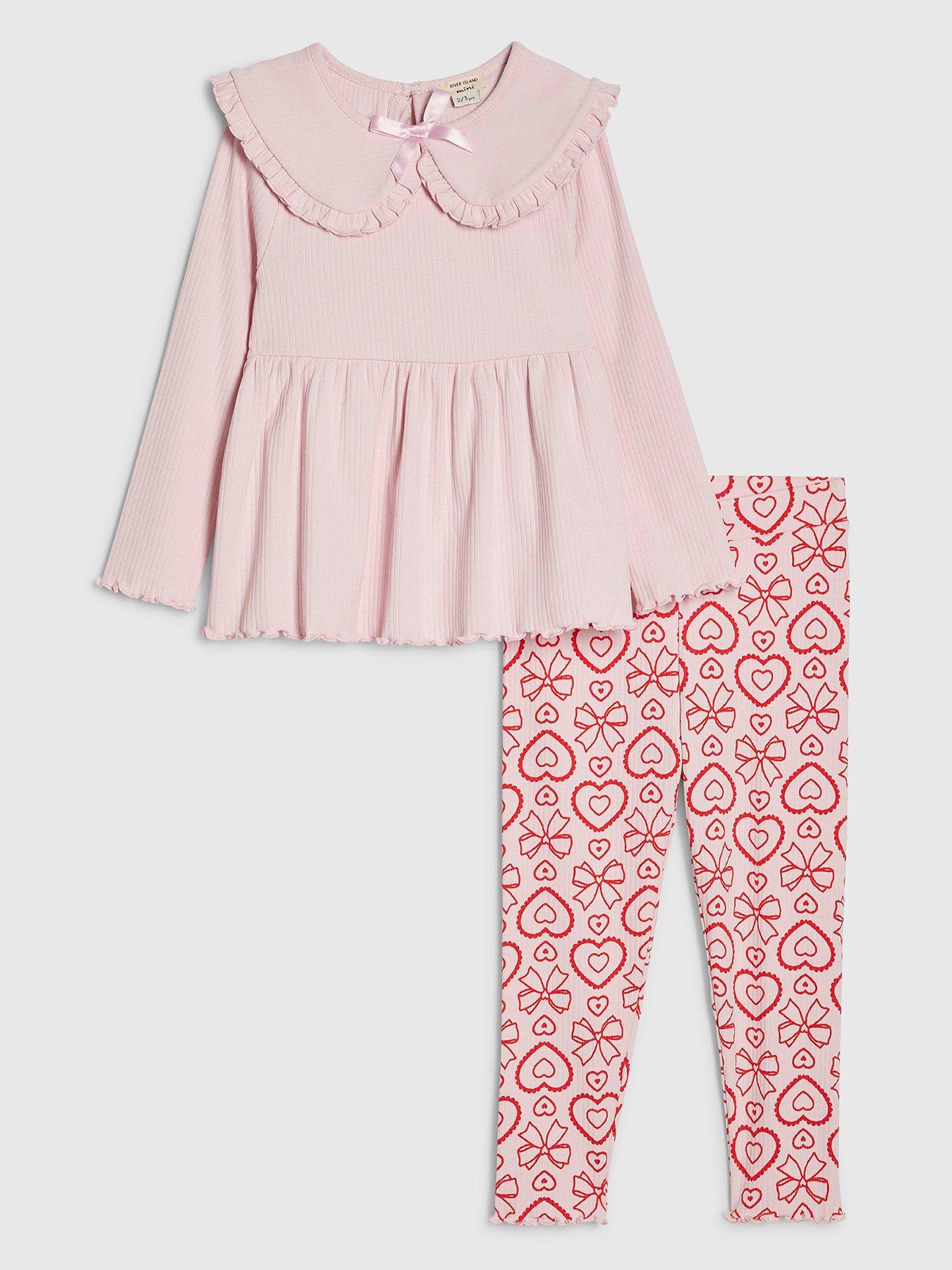 River Island Mini: Girls Rib Collar Peplum Top Set - Pink
