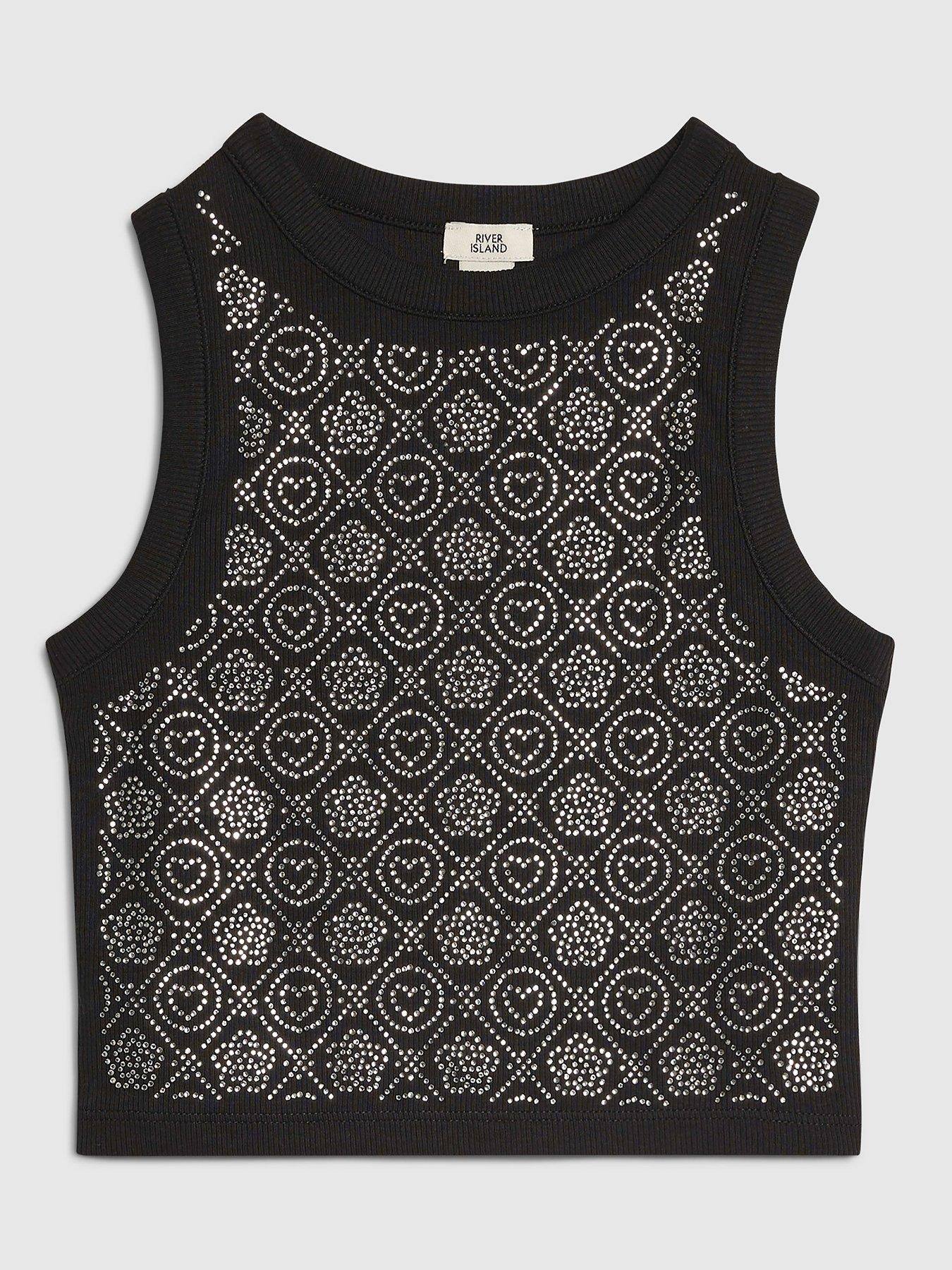 River Island Older Girls Embellished Heart Tank Top - Black