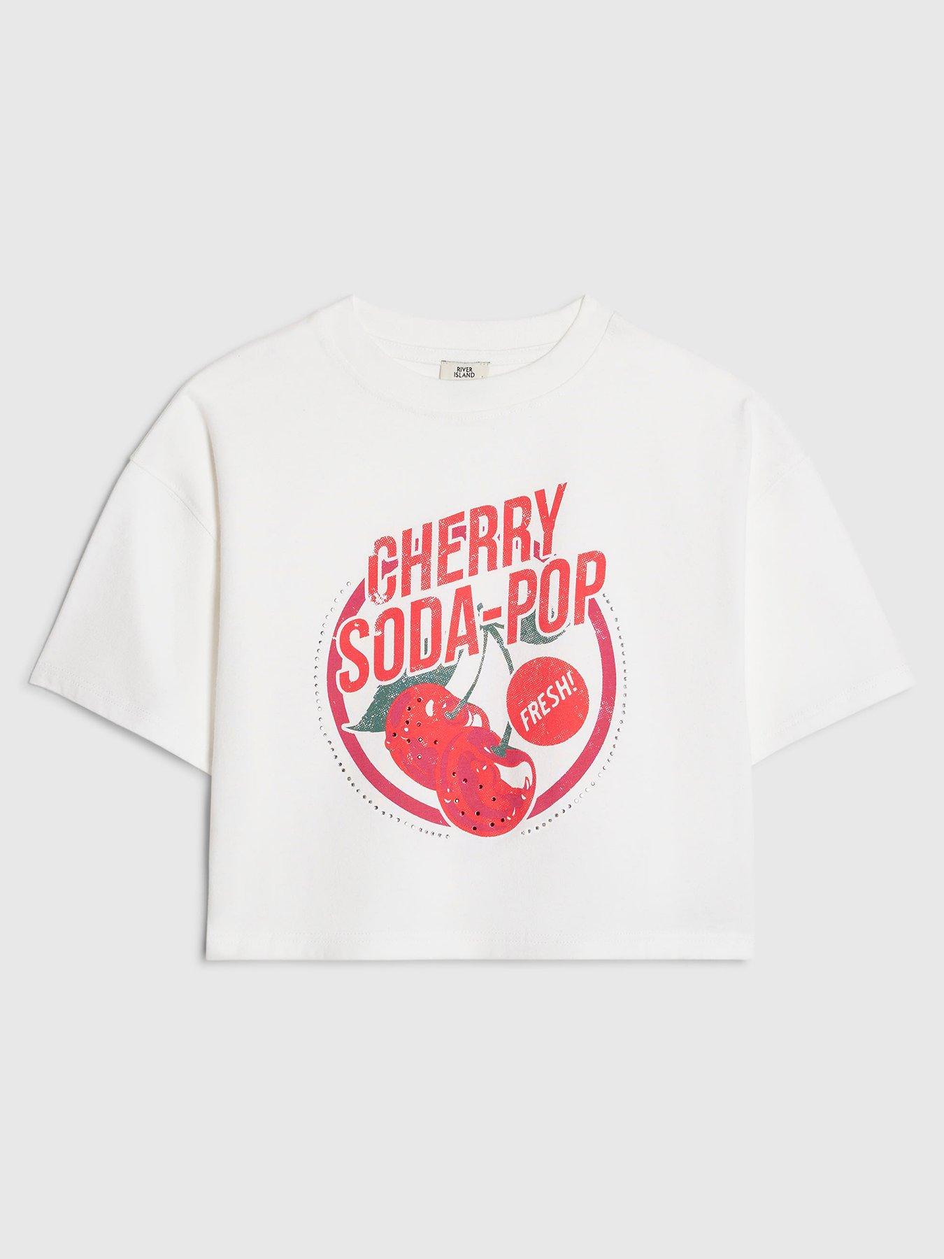 River Island Older Girls Cherry Soda Cropped T-Shirt - White