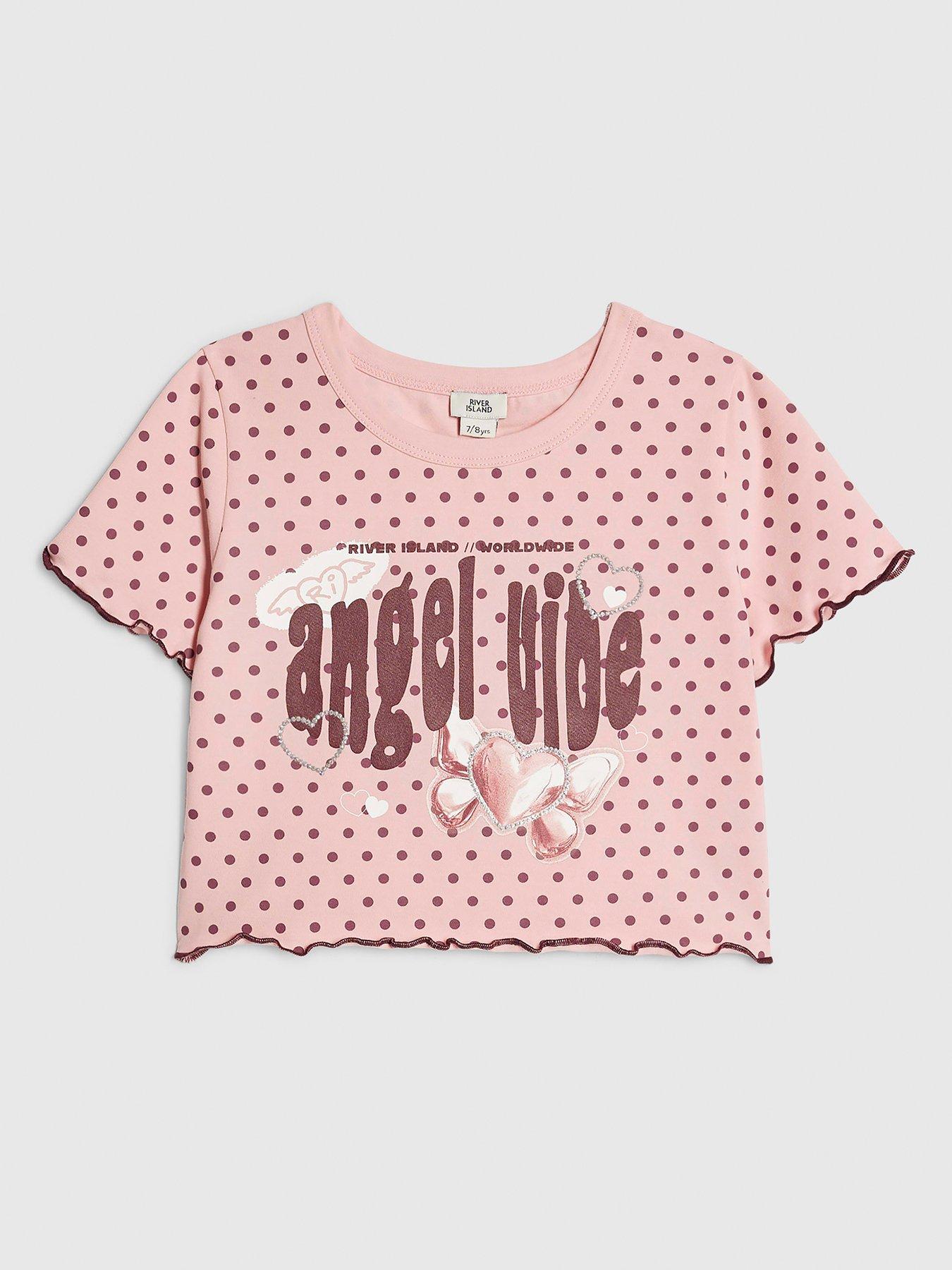 River Island Older Girls Polka Dot Angel Vibe T-Shirt - Pink