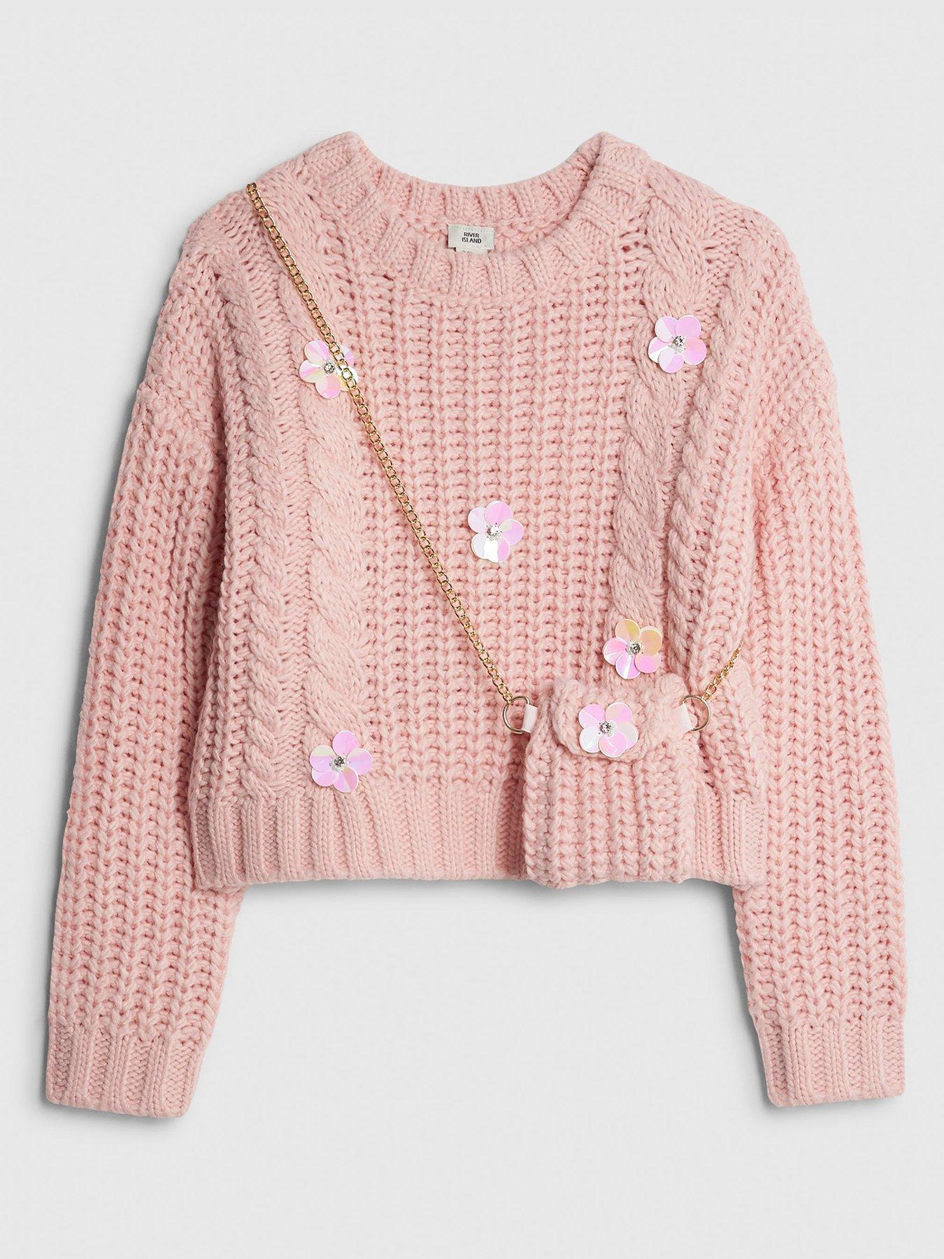 River Island Older Girls Knitted Flower Jumper with Bag - Pink