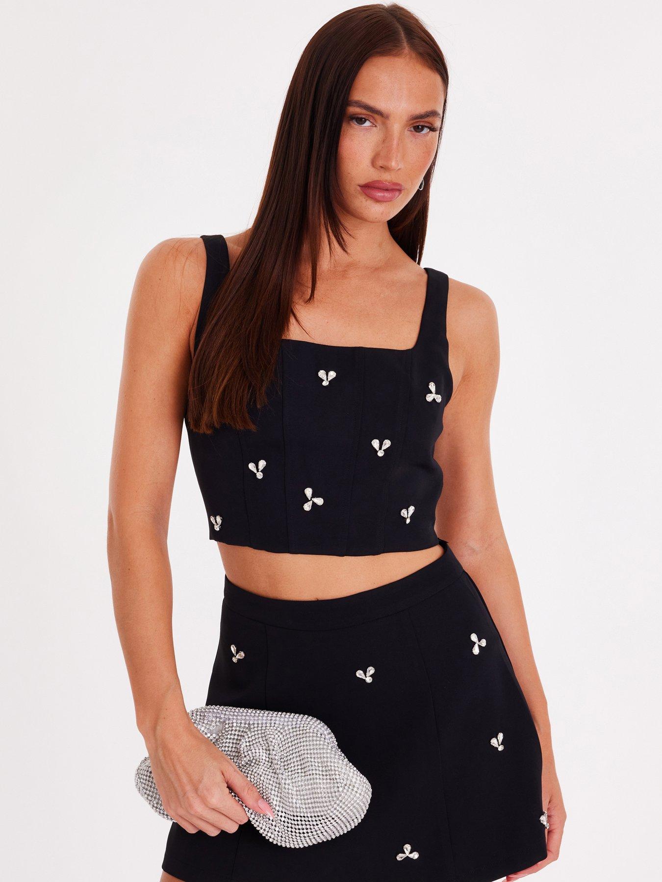 Quiz Black Embellished Square Neck Top