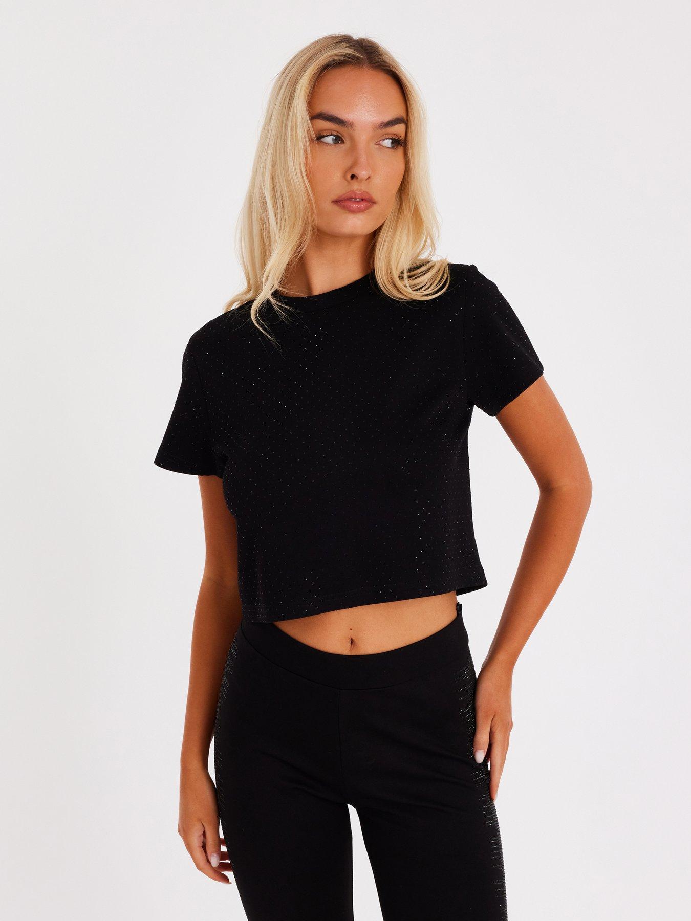 Quiz Black Glitter Cropped T-shirt