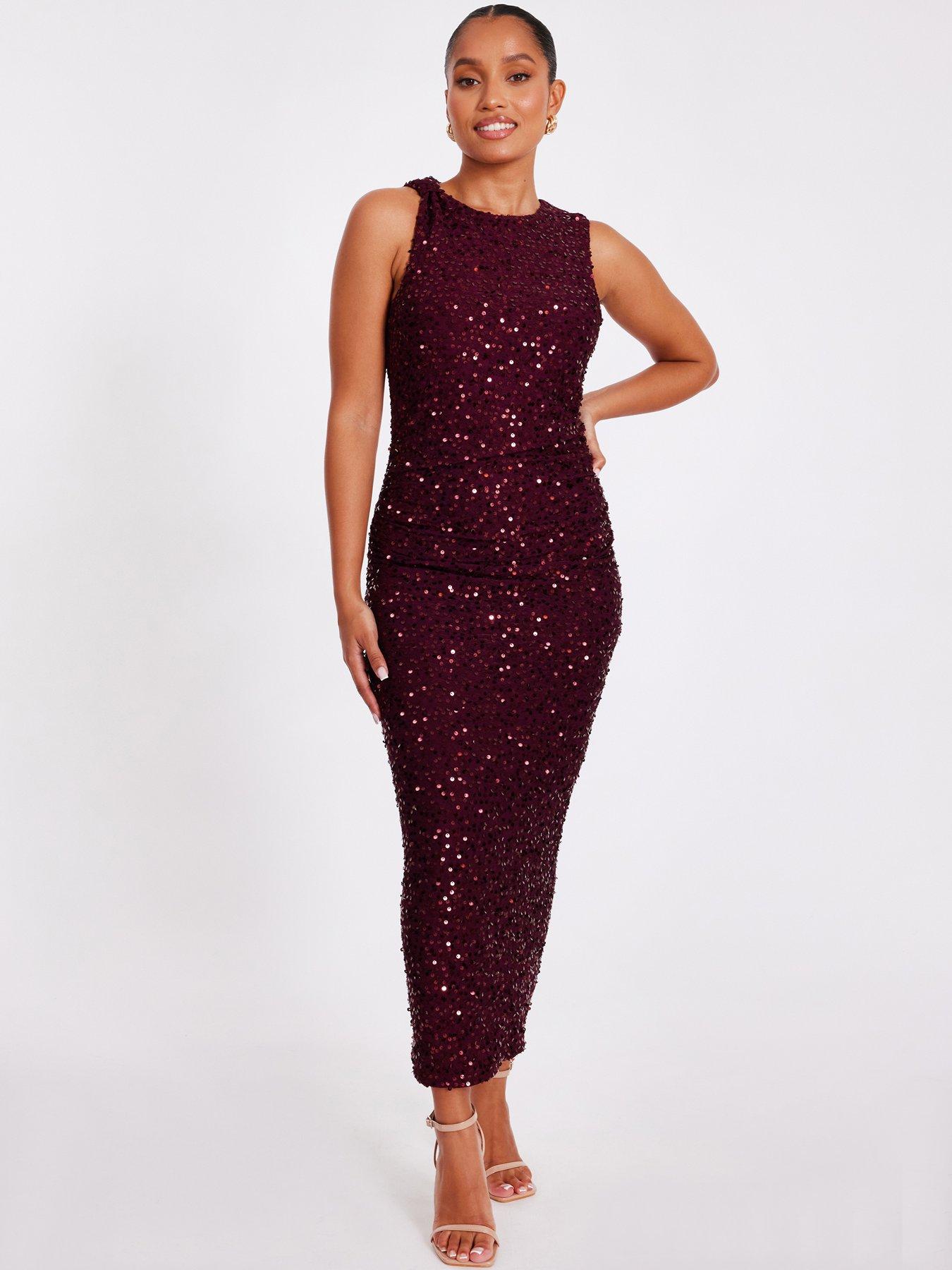 Quiz Petite Berry Sequin Ruched Midaxi Dress