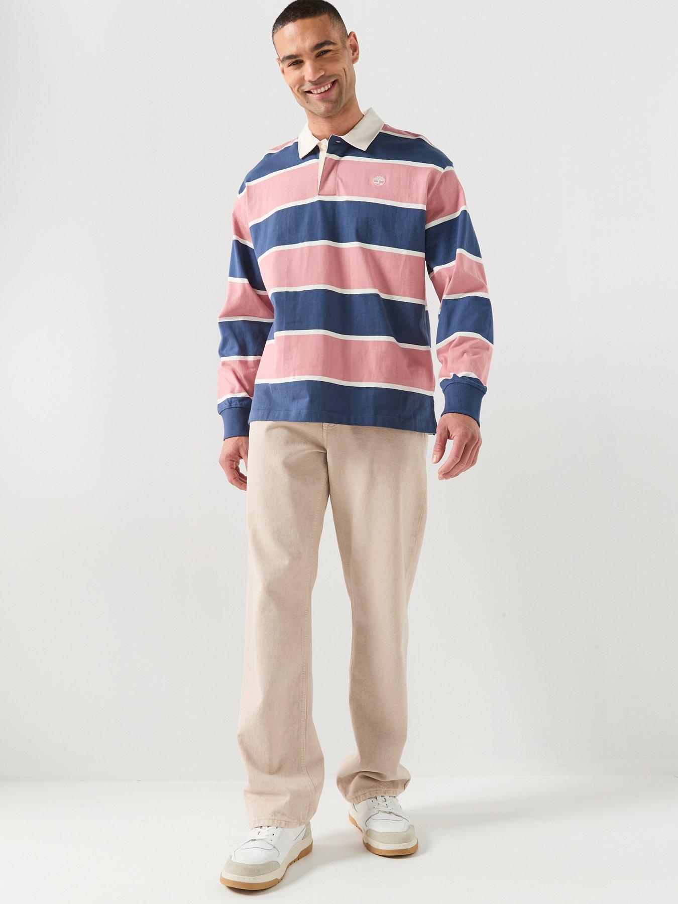Timberland Long Sleeve Rugby Polo Shirt - Navy/Rose Pink | Very