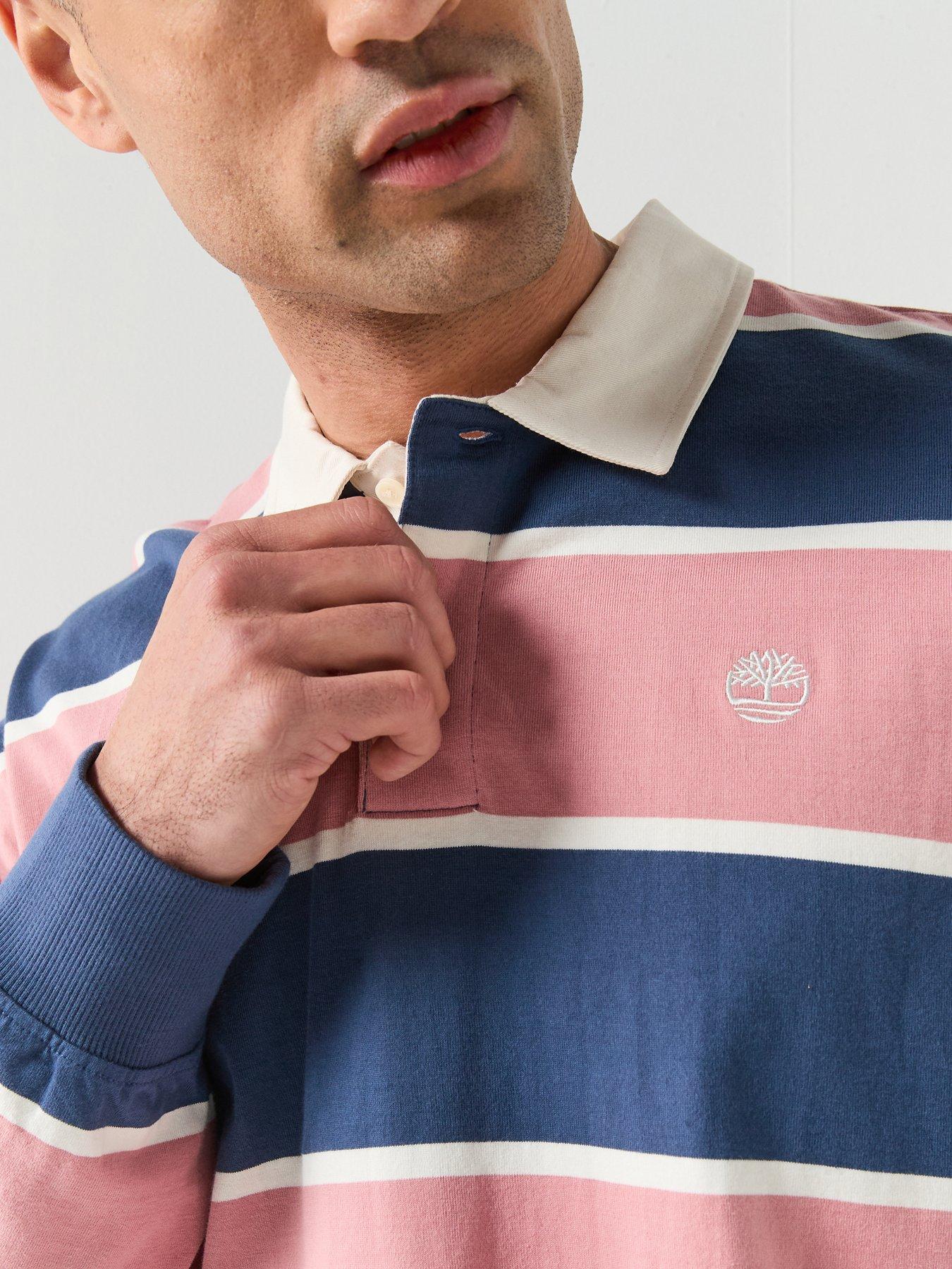 Timberland Long Sleeve Rugby Polo Shirt - Navy/Rose Pink | Very