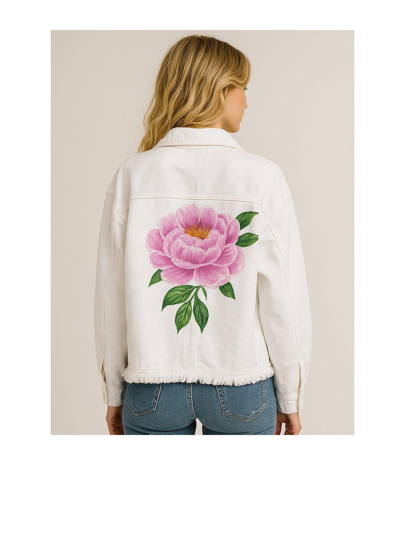 Image 1 of 1 of Sorena Painted Rose Cropped Denim Jacket - White