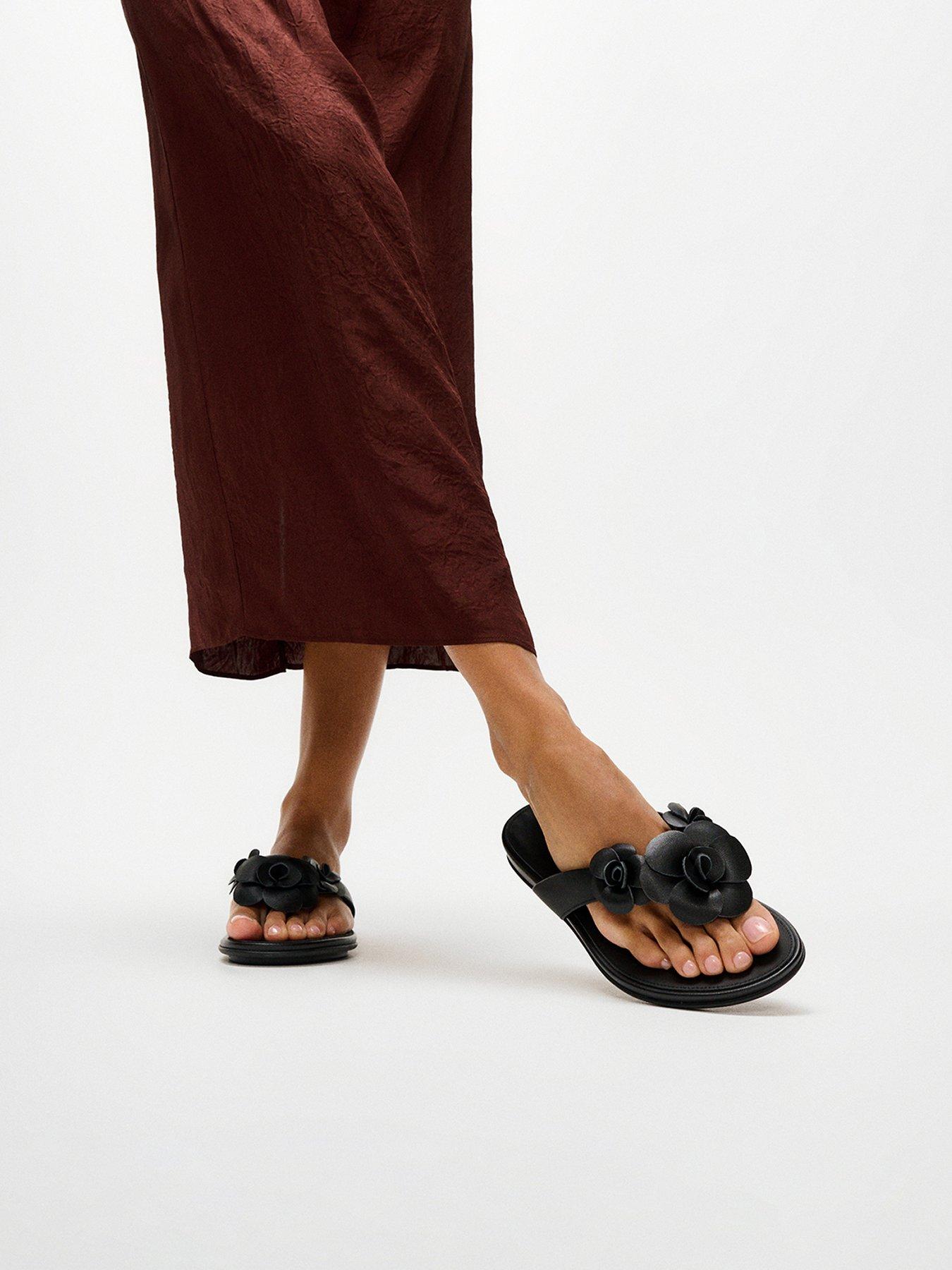 Image 1 of 5 of FitFlop Gracie Flower Leather Flip Flops - Black