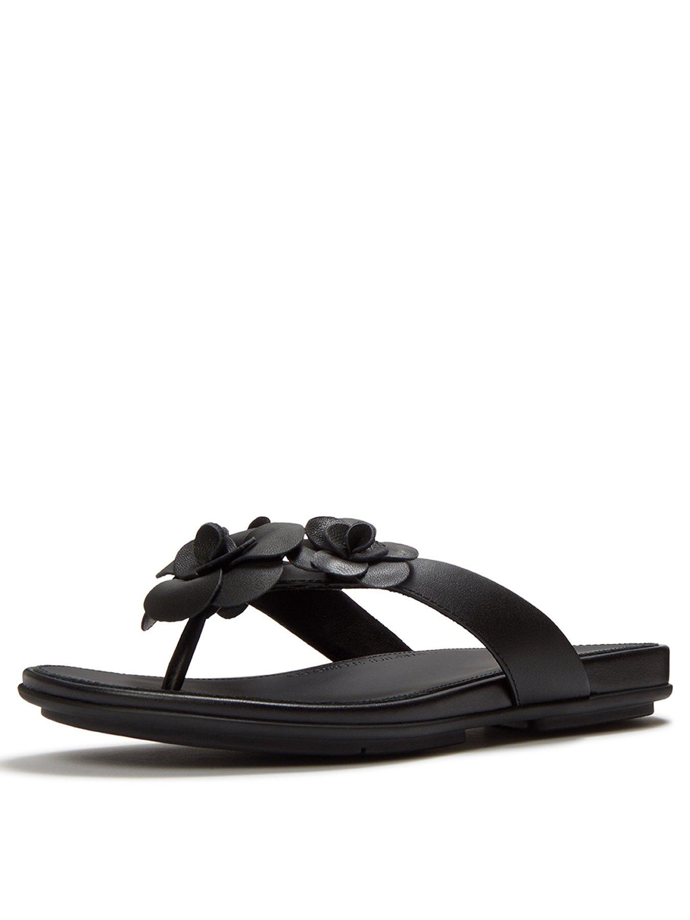 Image 3 of 5 of FitFlop Gracie Flower Leather Flip Flops - Black