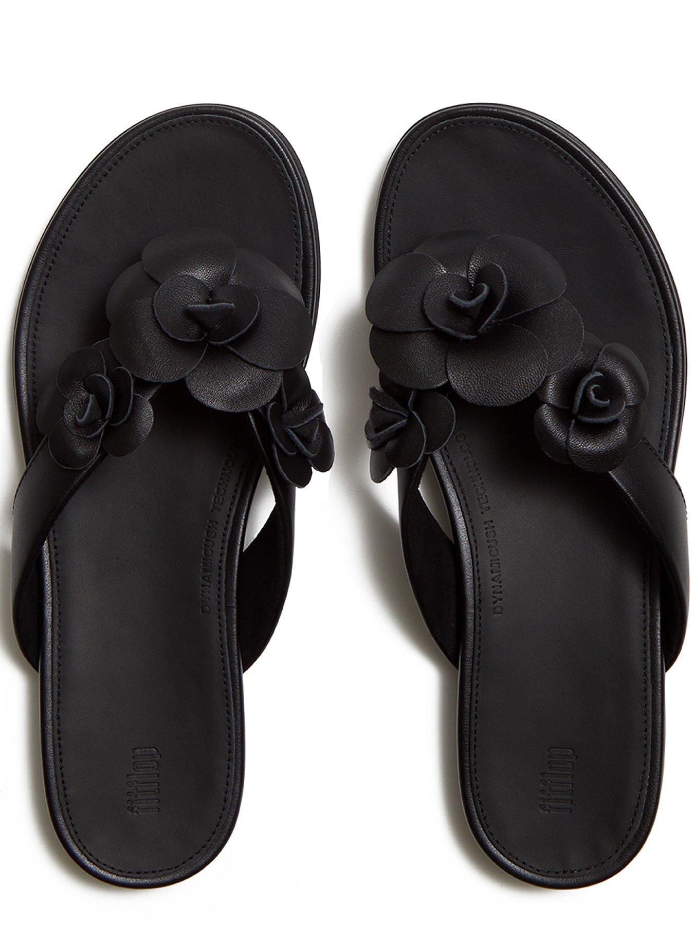 Image 4 of 5 of FitFlop Gracie Flower Leather Flip Flops - Black