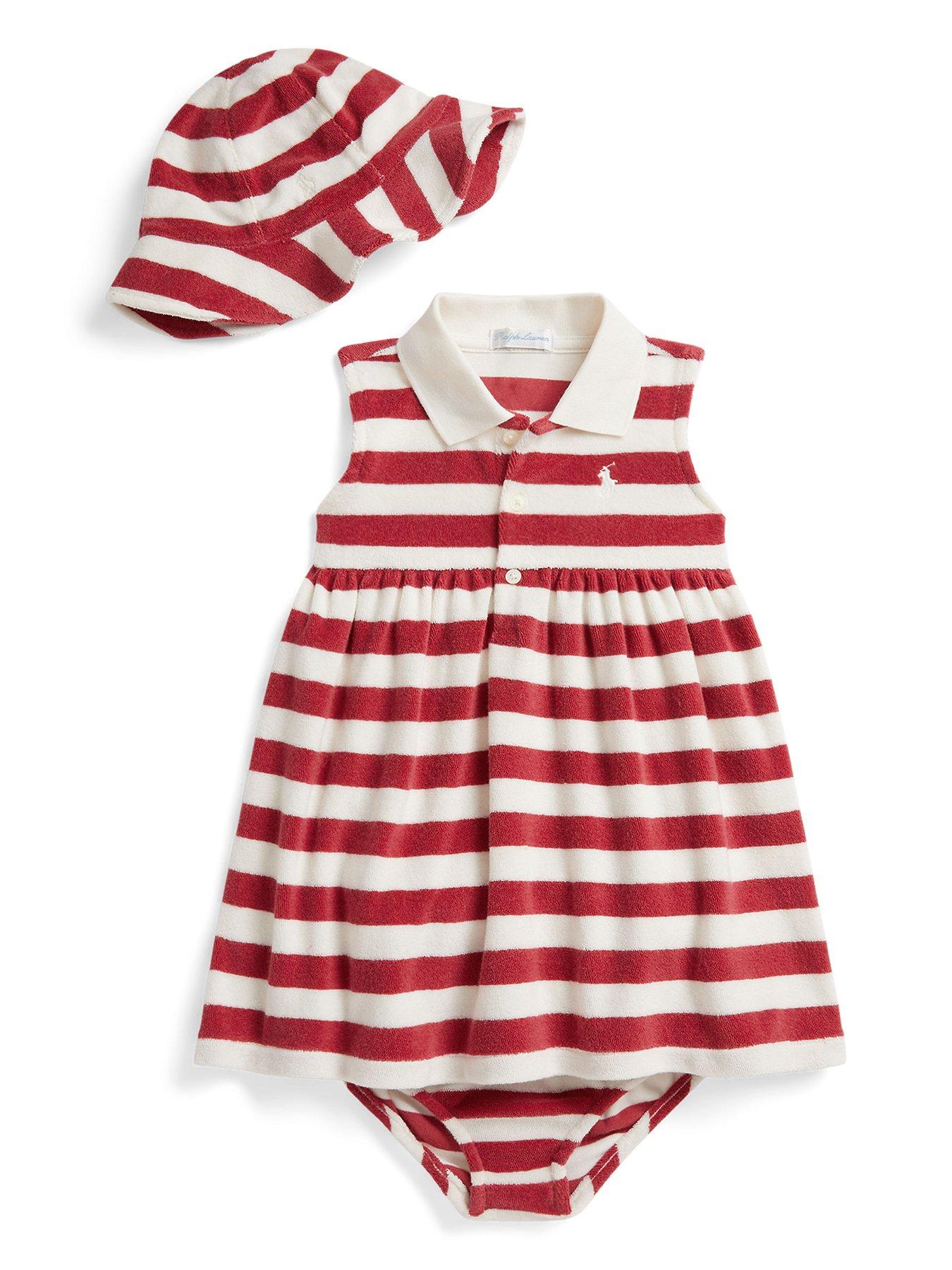 Polo Ralph Lauren Baby Girls Stripe Dress  &  Hat Set - Red