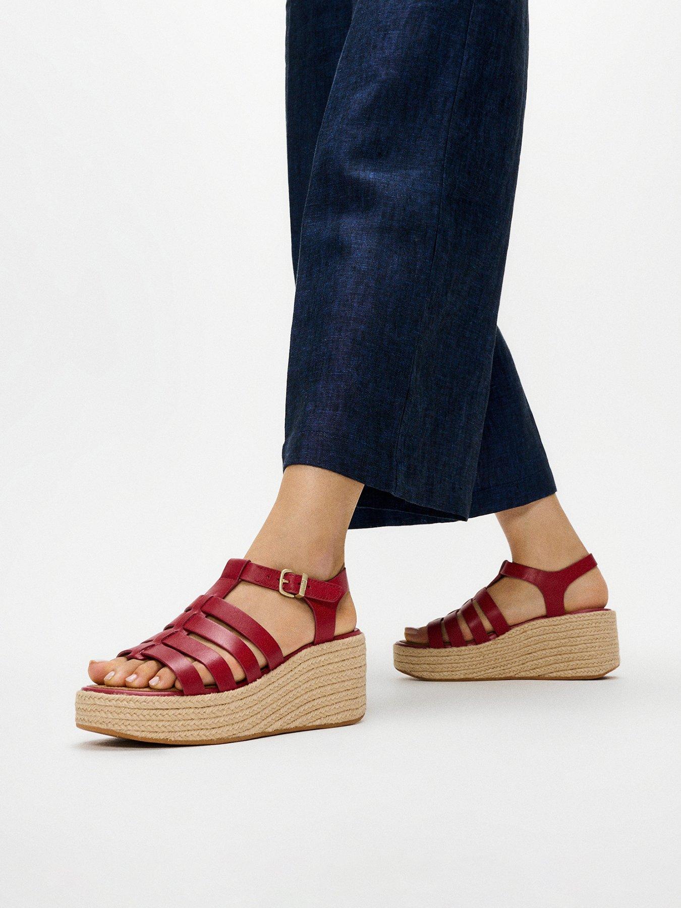 FitFlop Platfforms Espadraille Leather Fisherman Wedge Sandals, Red, Size 8, Women