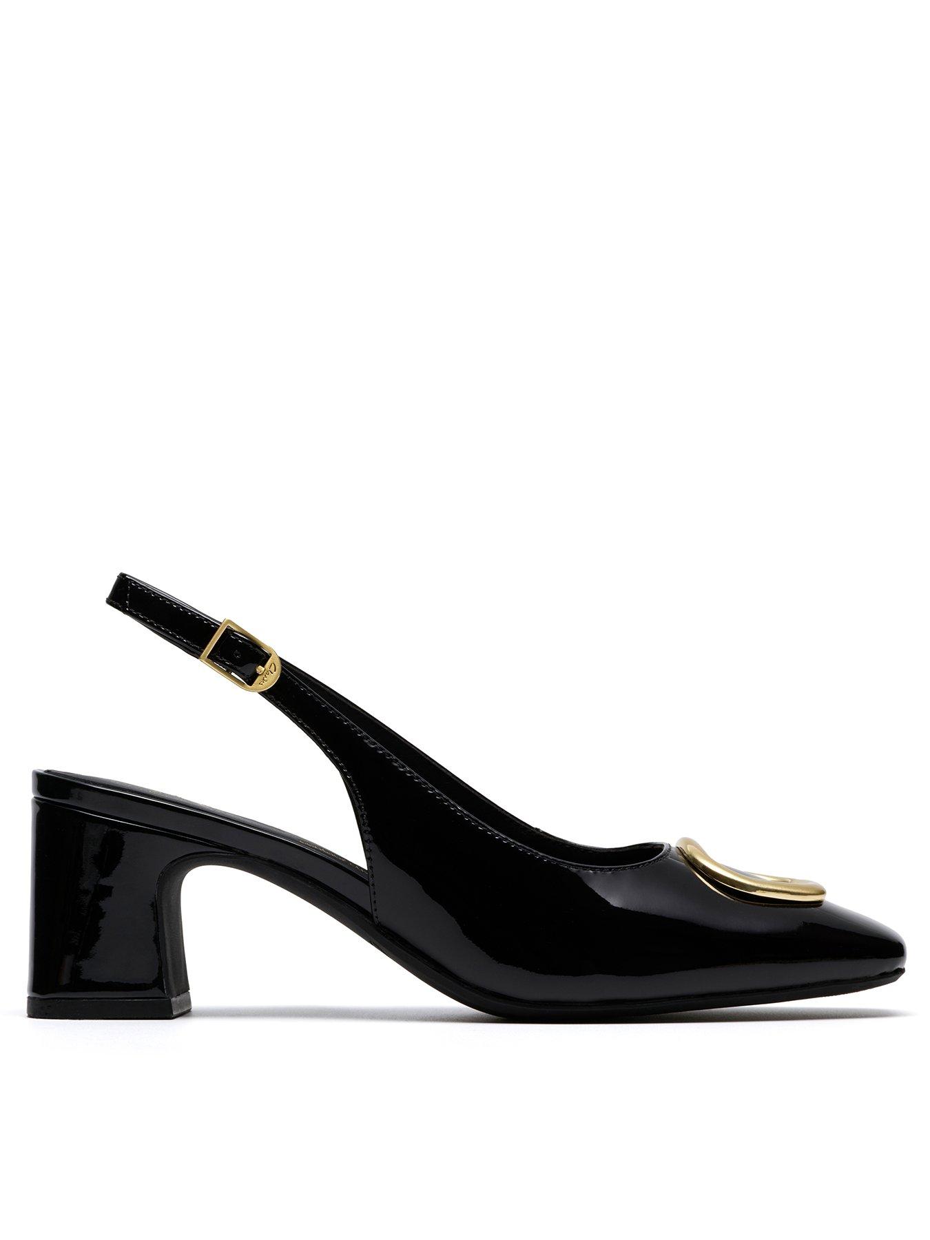 Clarks Fernie Block Heel Sling Back Leather Court - Black