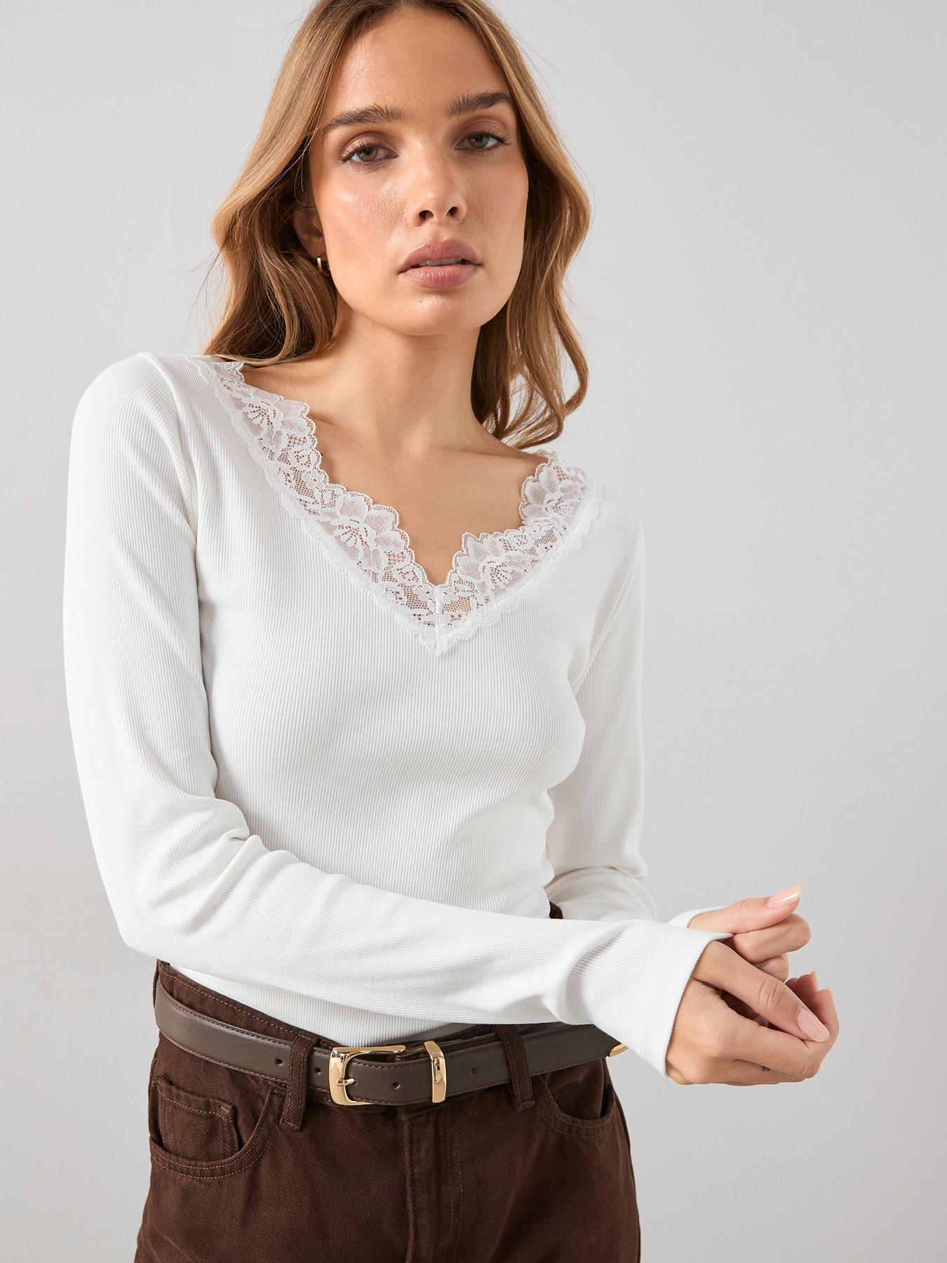 The Very Collection Lace Trim V Neck Top - Ecru