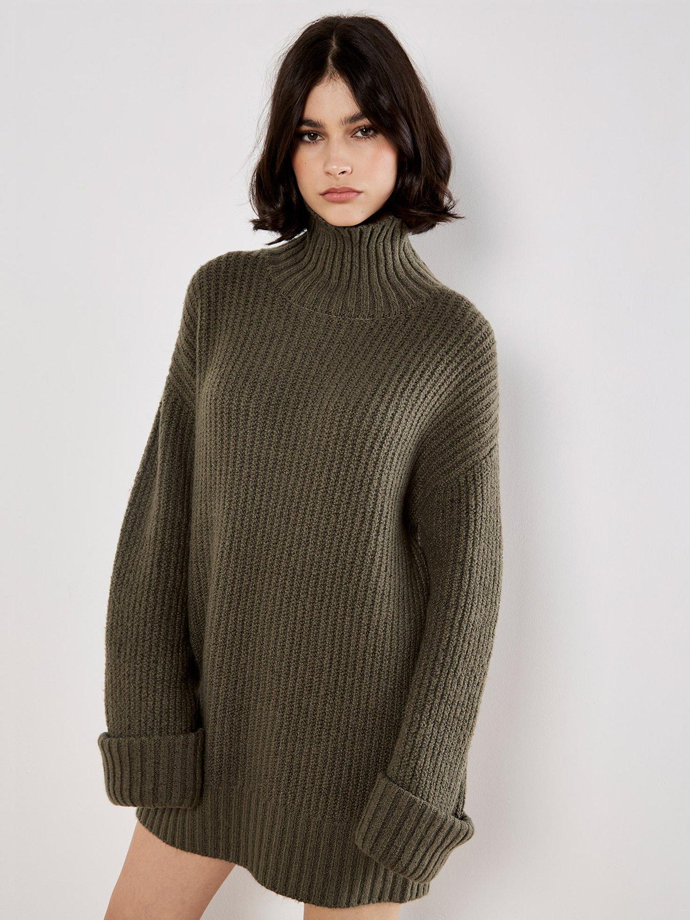 Apricot Boucle Knit Fisherman Jumper Dress - Green