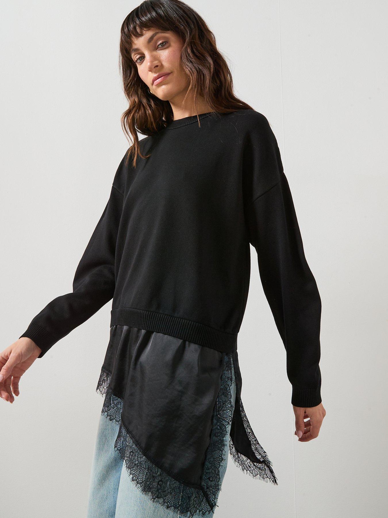 Image 1 of 6 of Mango Jumper With Lace Detail - Black