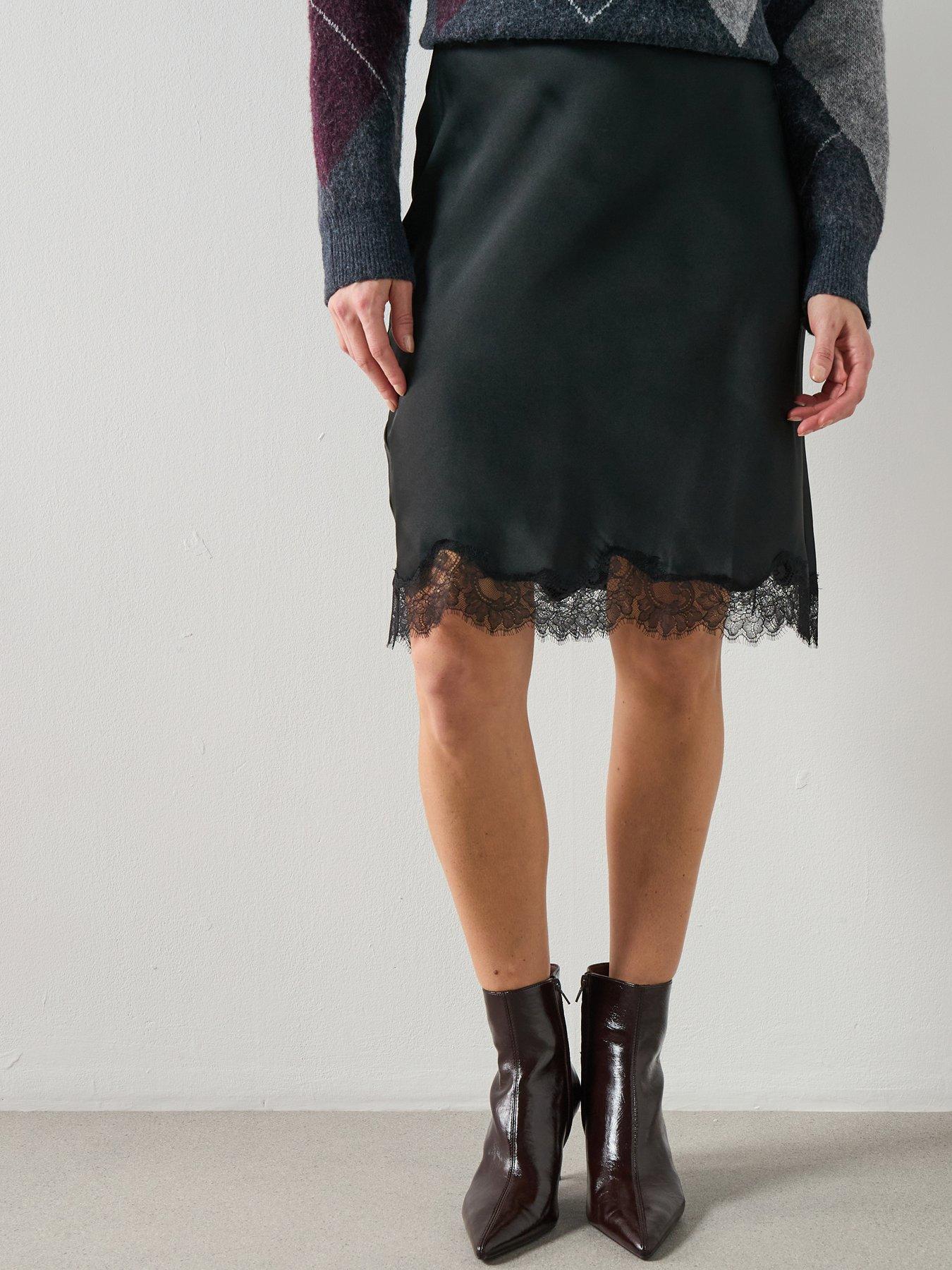 Image 1 of 6 of Mango Satin Lace Skirt- Black