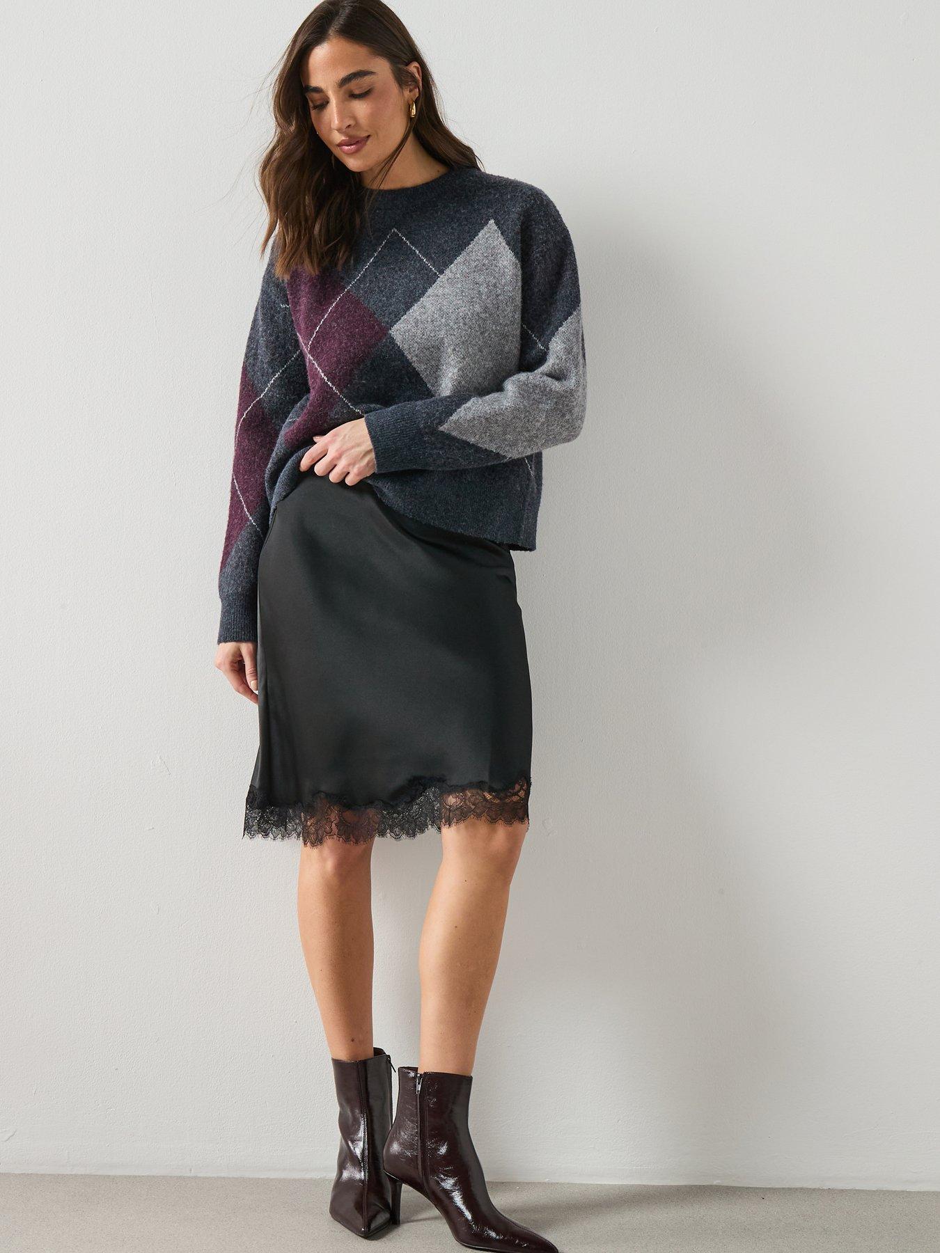 Image 3 of 6 of Mango Satin Lace Skirt- Black