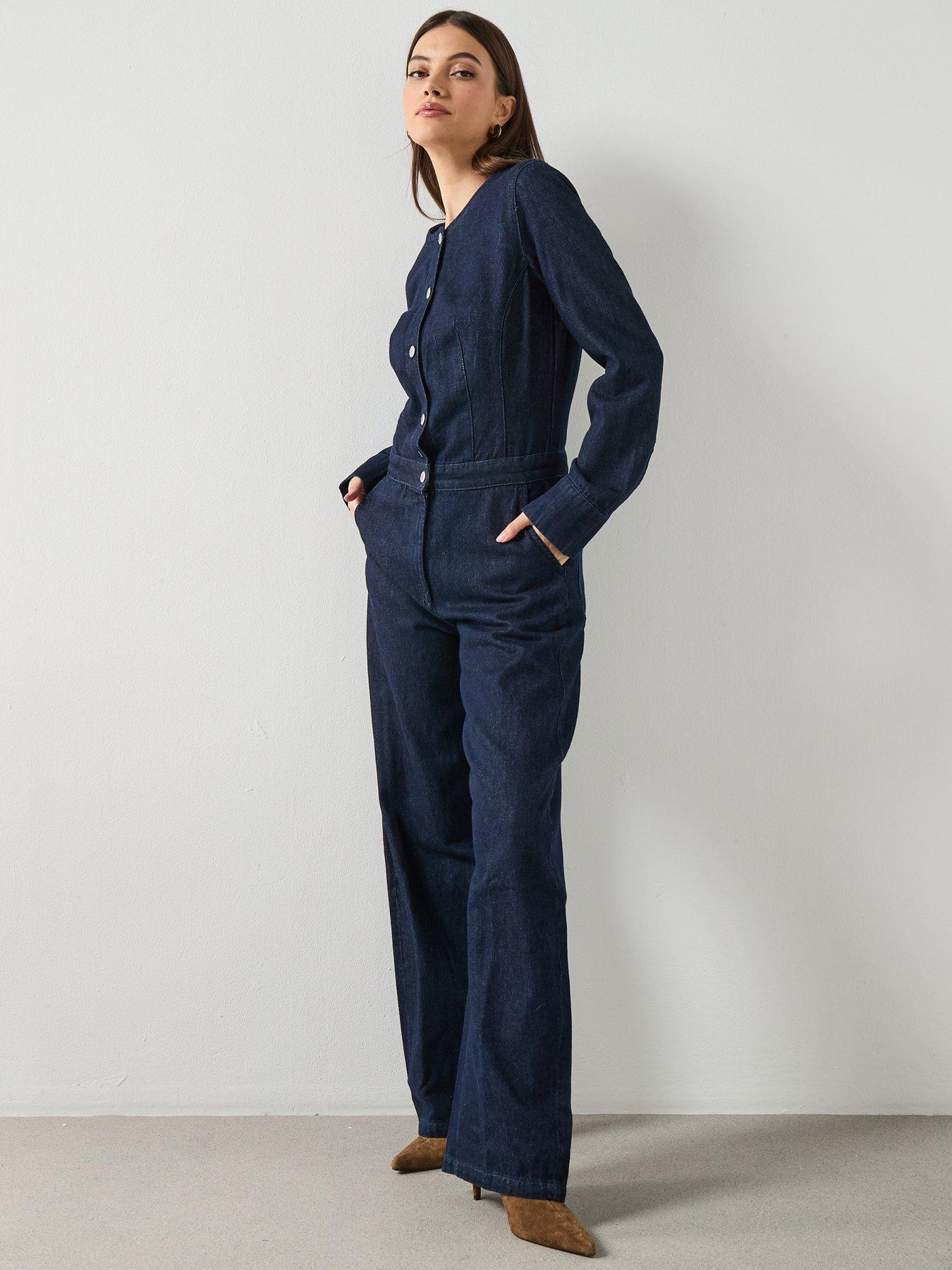 Image 1 of 6 of Mango Buttons Denim Jumpsuit - Dark Denim