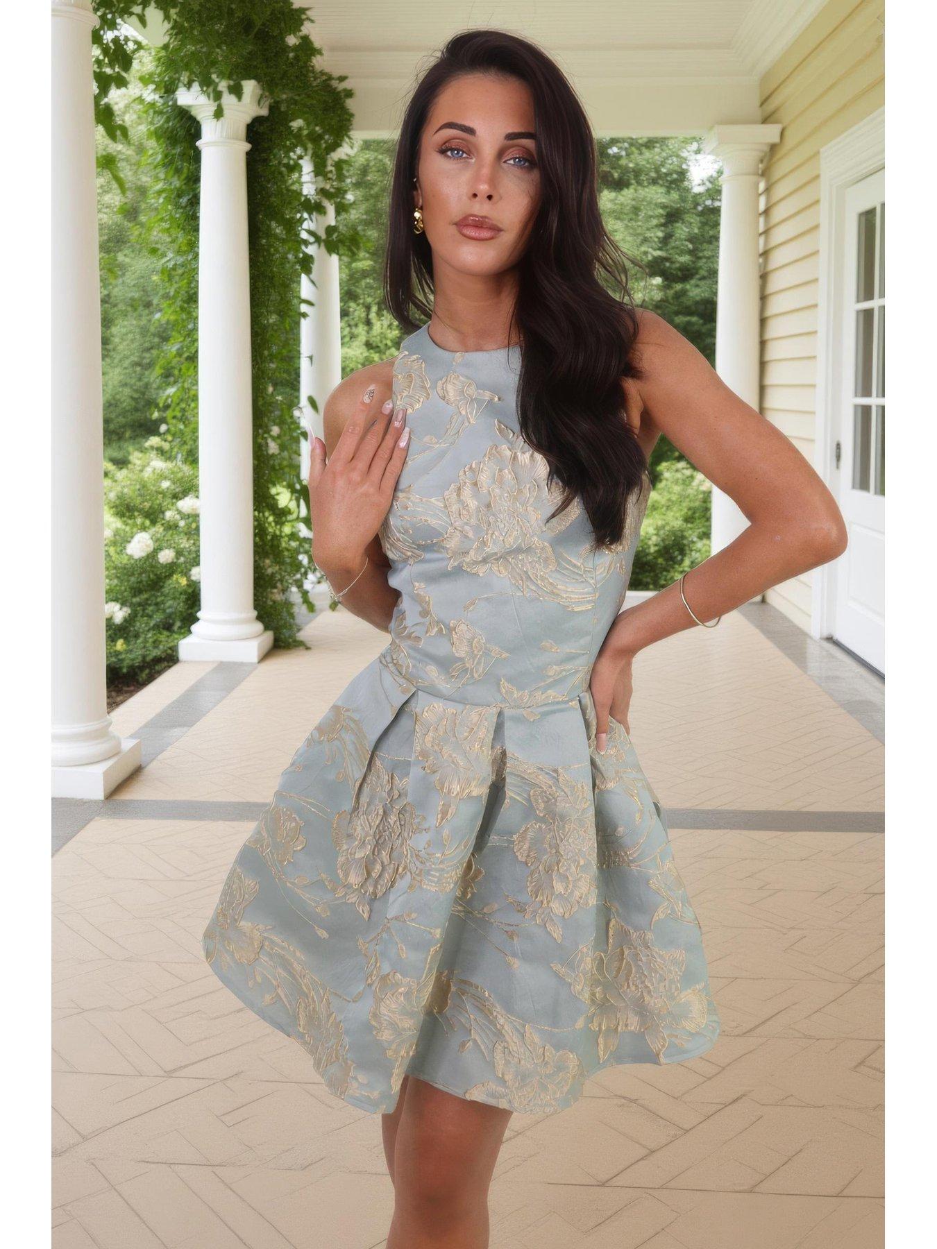 AX Paris Floral Jacquard Racer Neck Skater Mini Dress - Duck Egg | Very