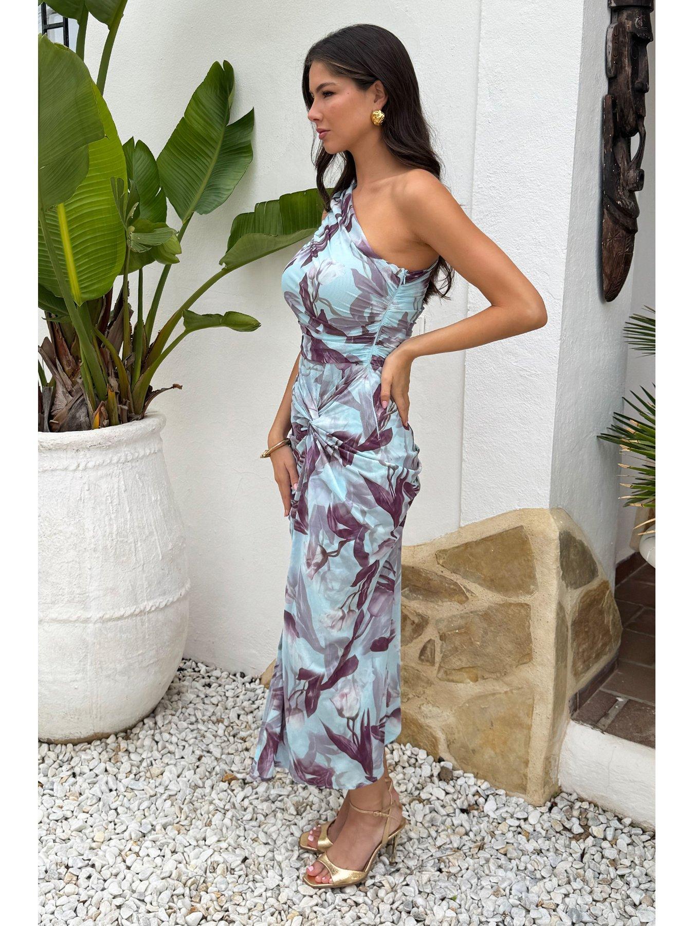 AX Paris Floral Print One Shoulder Knot Skirt Mesh Midi Dress - Blue And  Plum | Very