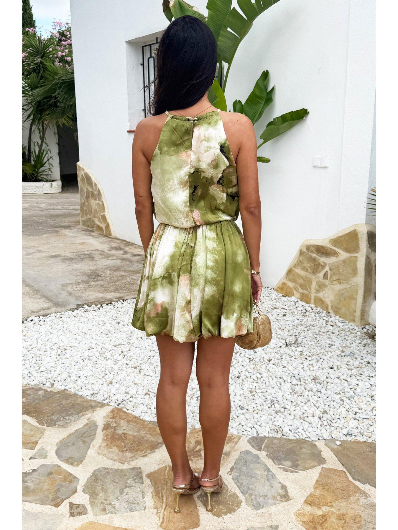 AX Paris Marble Print Racer Neck Bubble Hem Mini Dress - Lime | Very