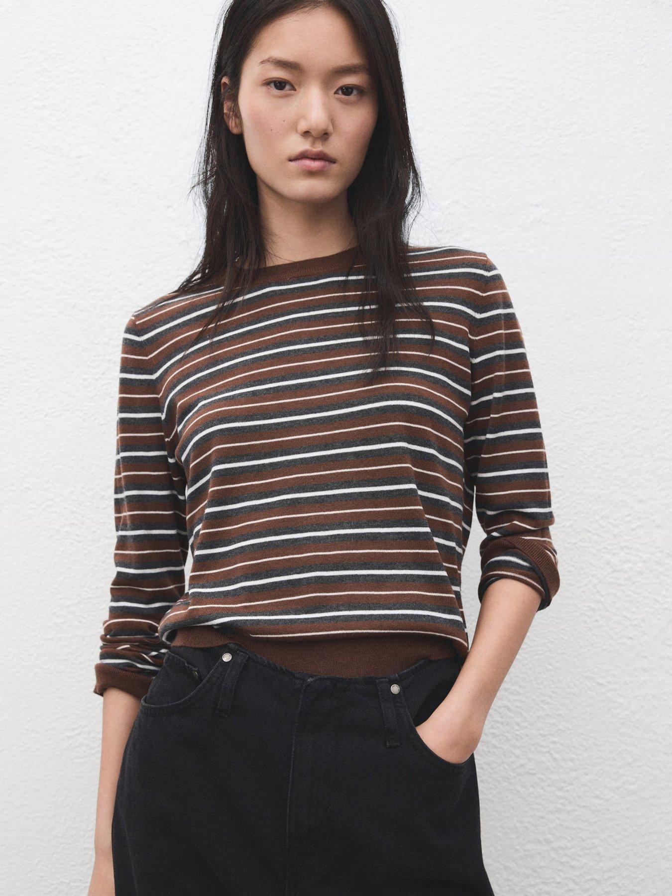 Image 3 of 6 of Mango Knit Striped Sweater - Brown