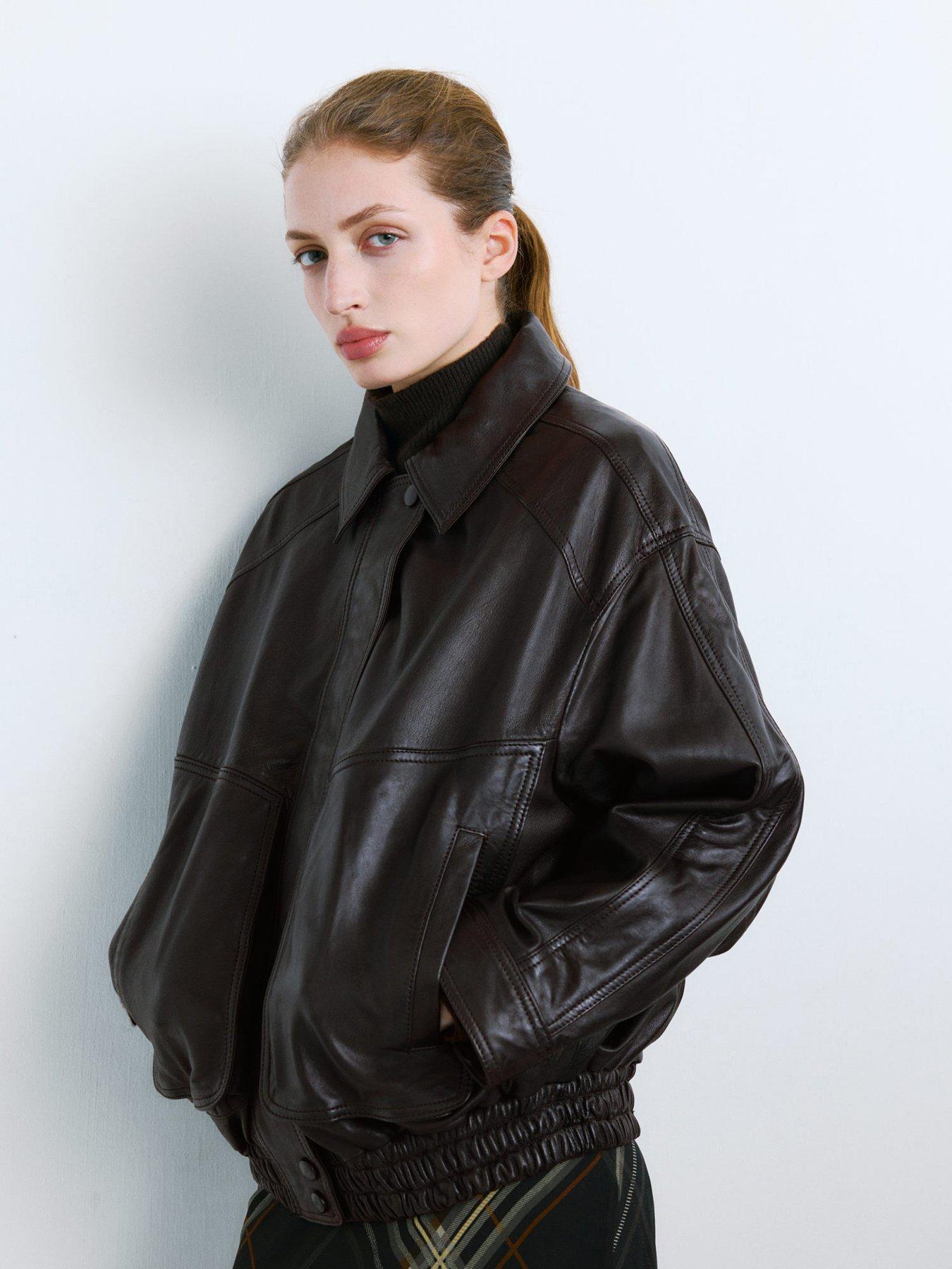 Mango Oversized Leather Jacket - Brown