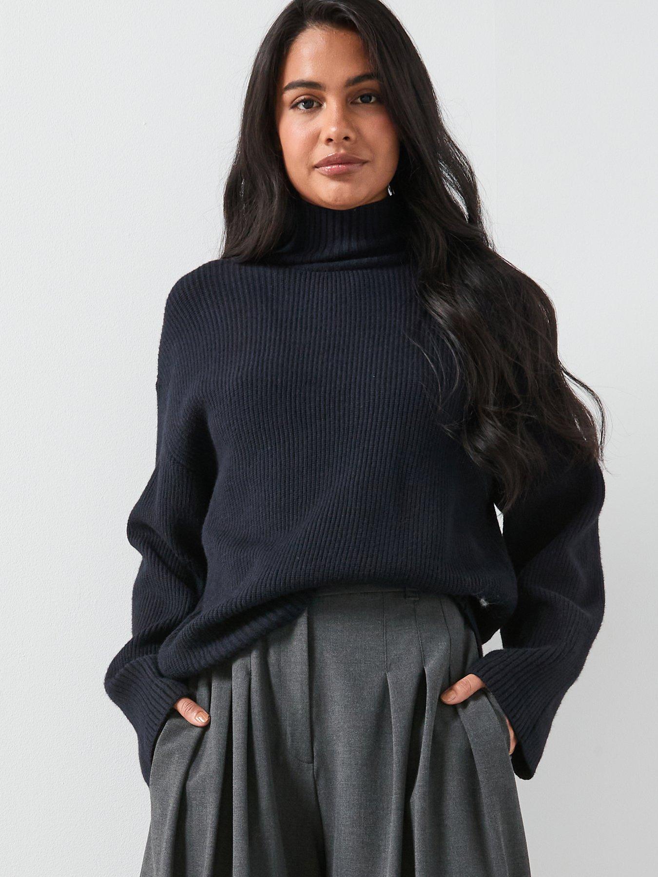 Mango Perkins-Neck Sweater with Button Detail - Navy | Very