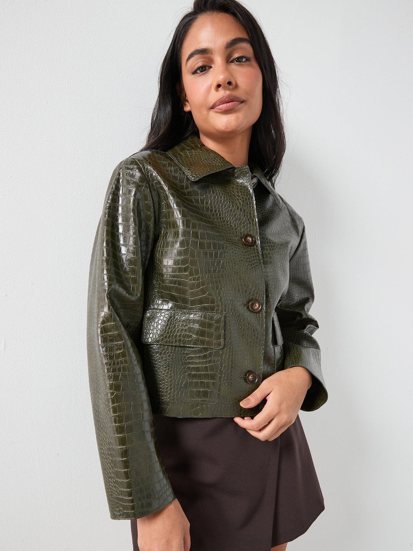 Mango Leather Regular Cropped Textured Jacket