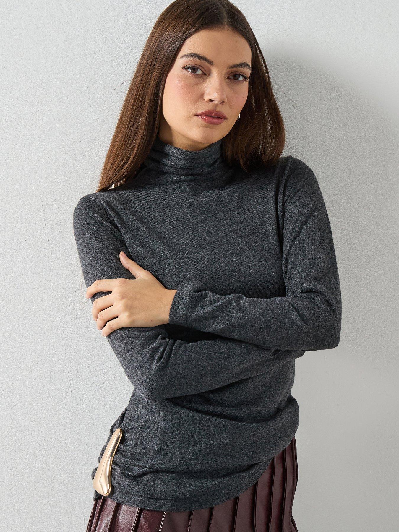 Mango Turtleneck Sweater With Brooch - Grey