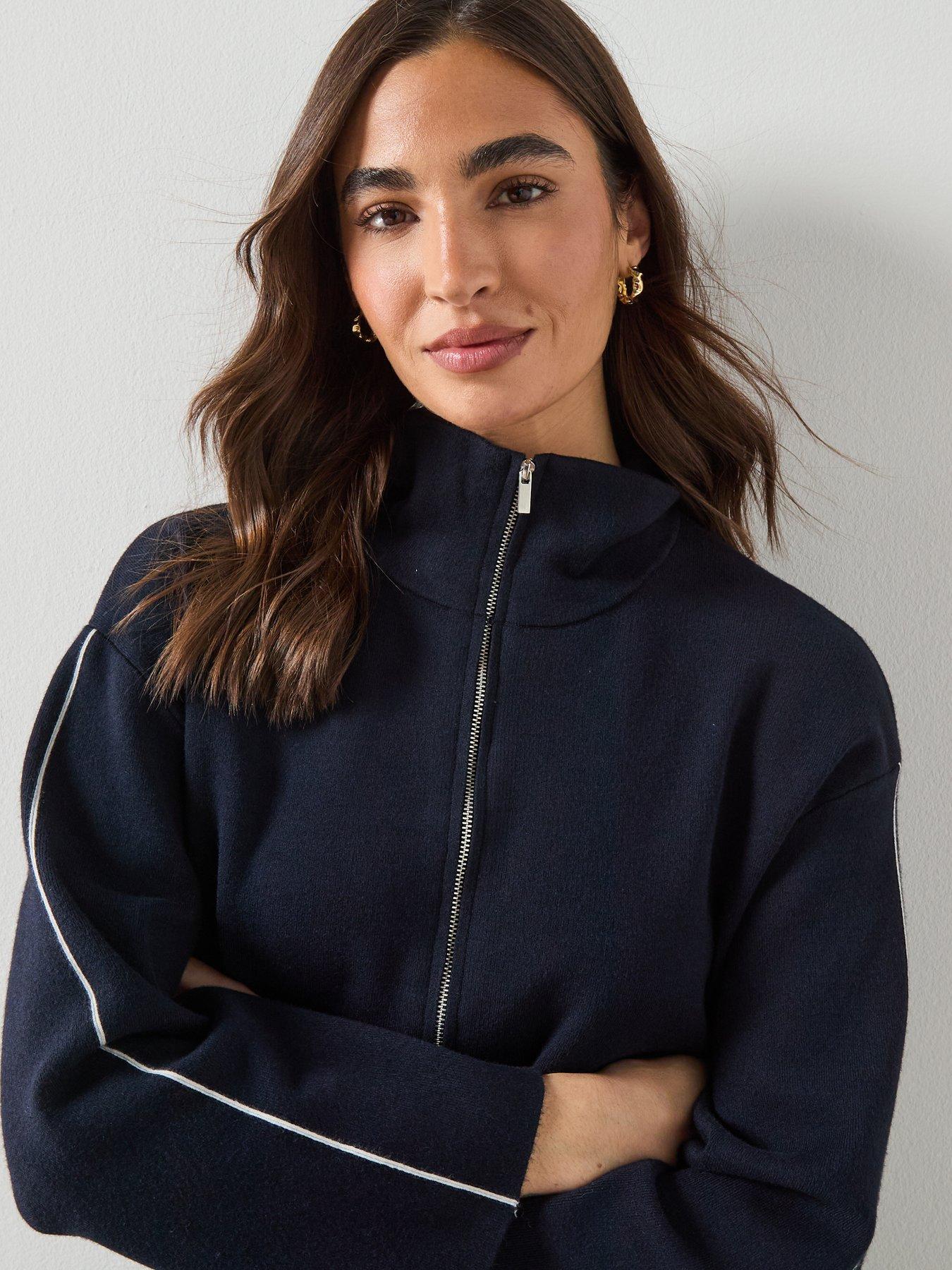 Mango Zip Neck Contrast-stripe Sweater - Navy | Very