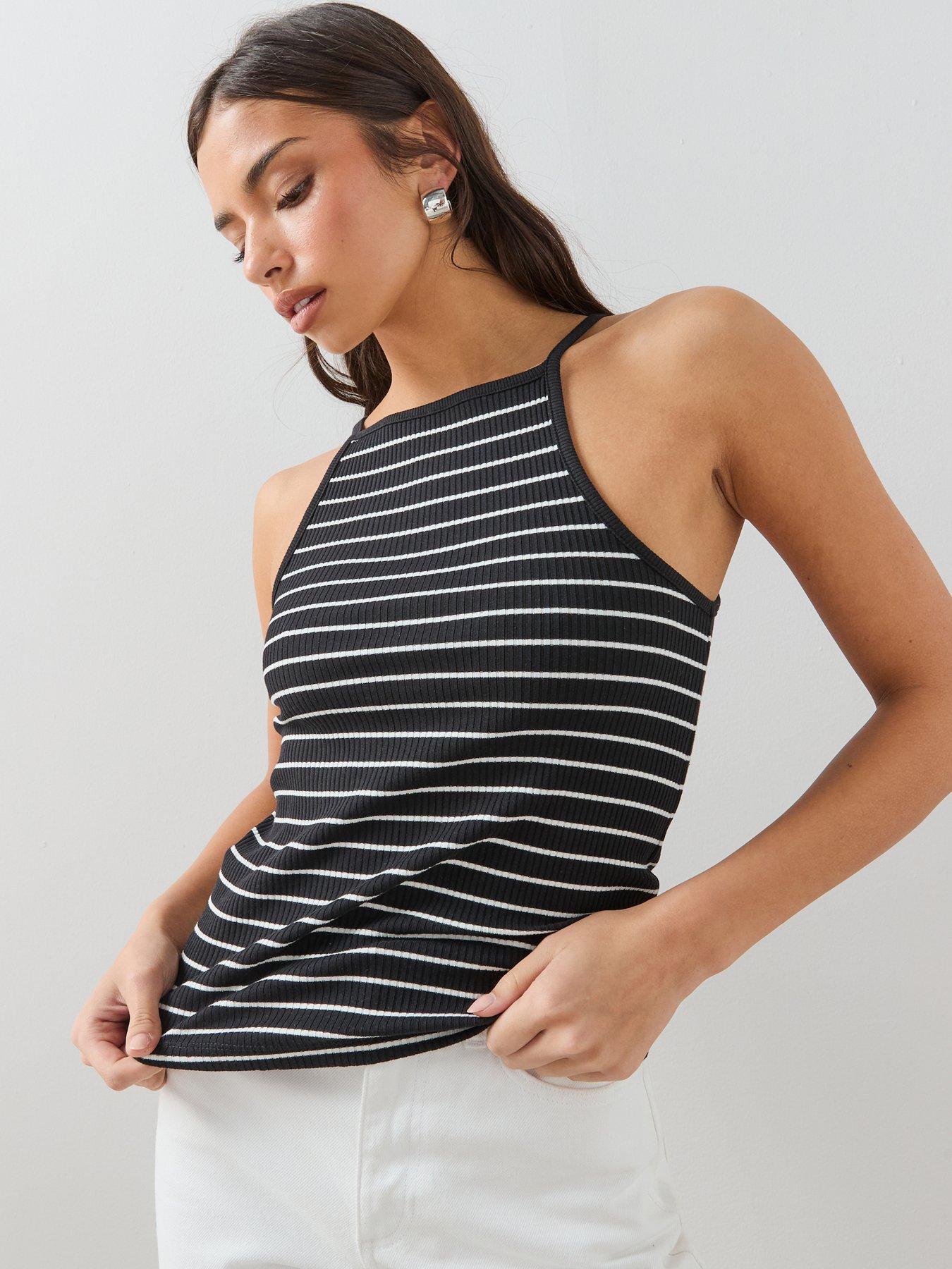 The Very Collection Stripe Strappy Ribbed Cami Top - Black