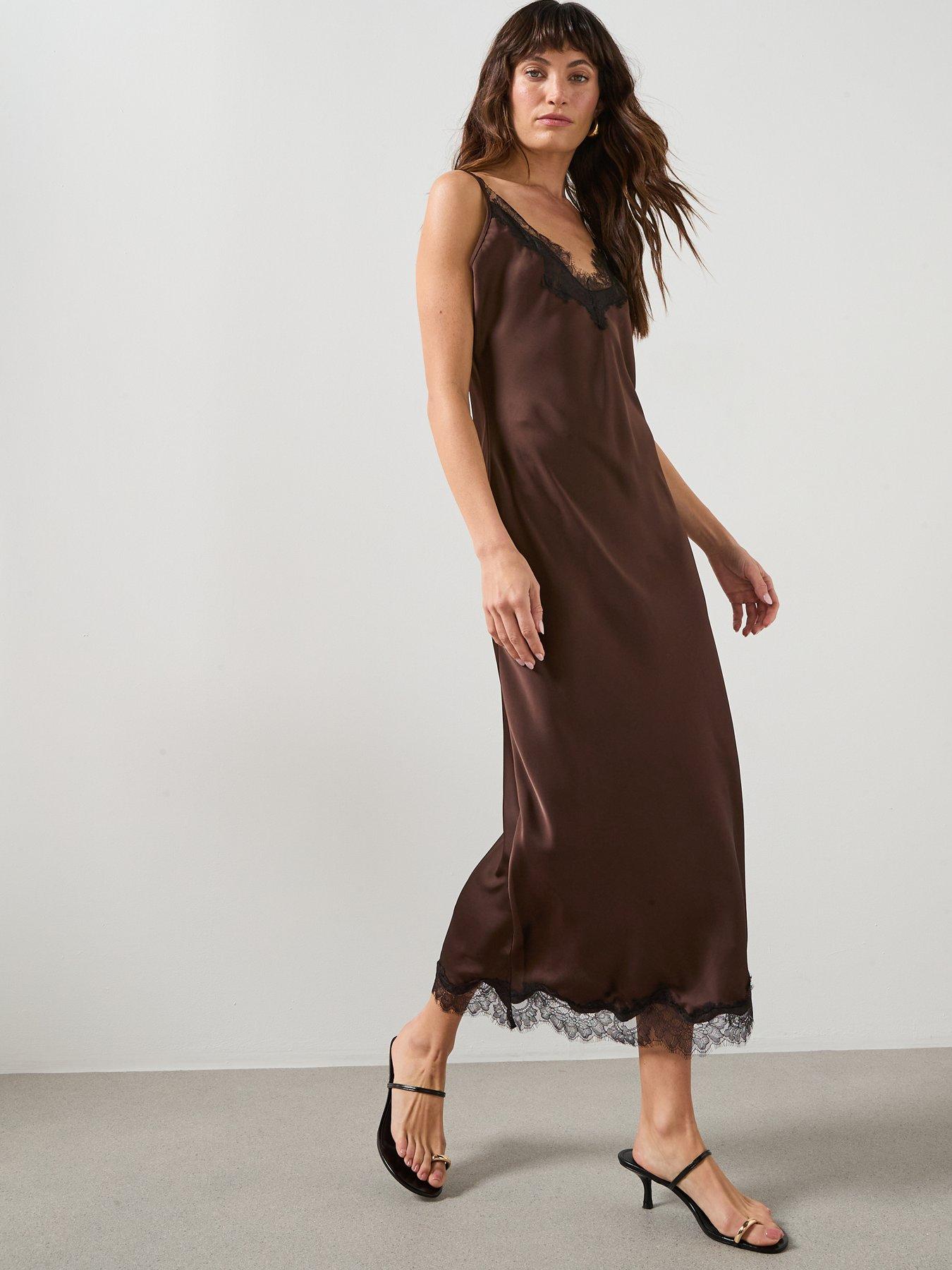 Image 1 of 6 of Mango Satin Camisole Dress - Brown
