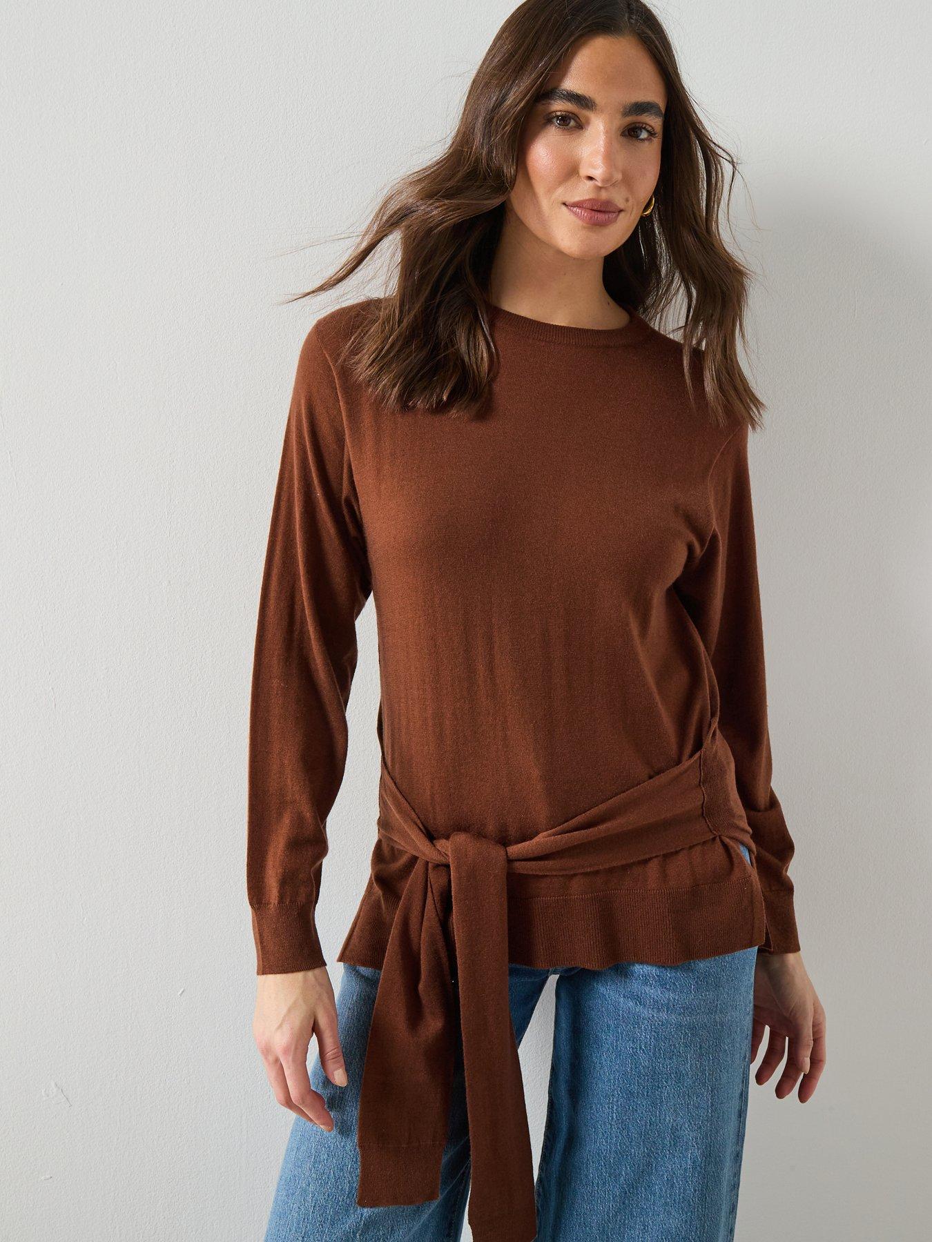 Image 1 of 6 of Mango Wool Blend Knot Sweater - Brown