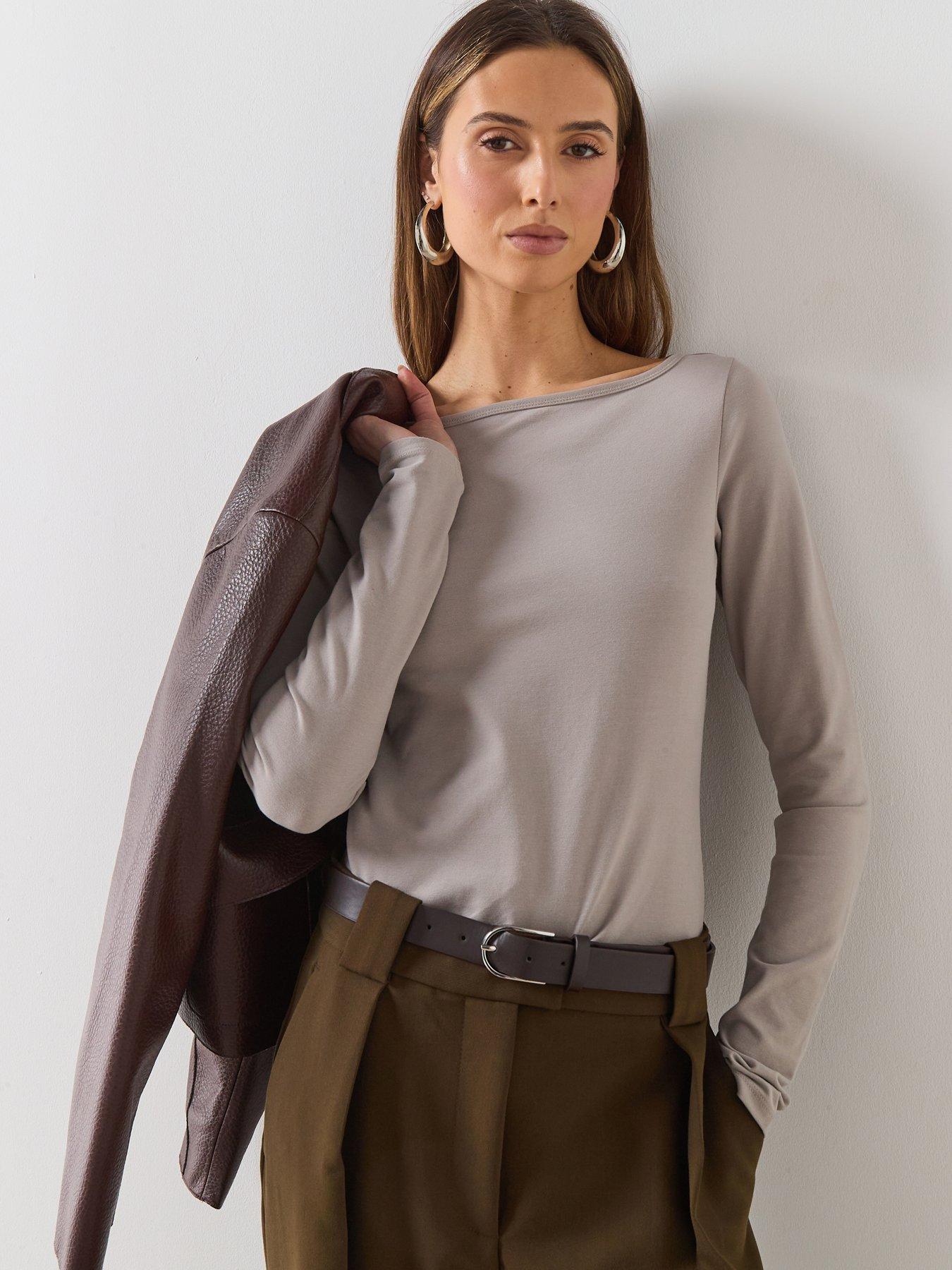 Mango Cotton Boat Neck Long Sleeve T-Shirt - Grey