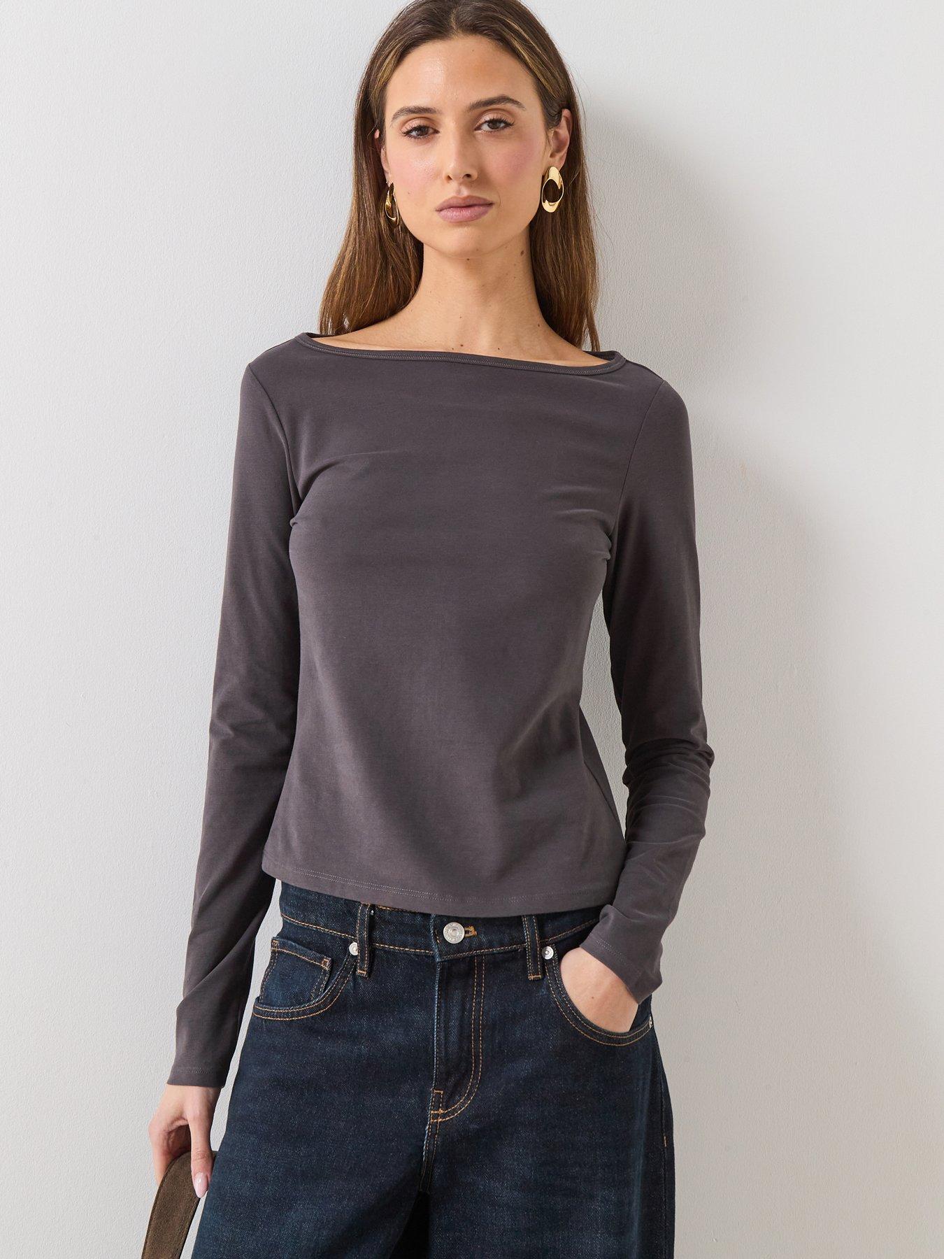 Mango Cotton Boat Neck T-Shirt - Charcoal