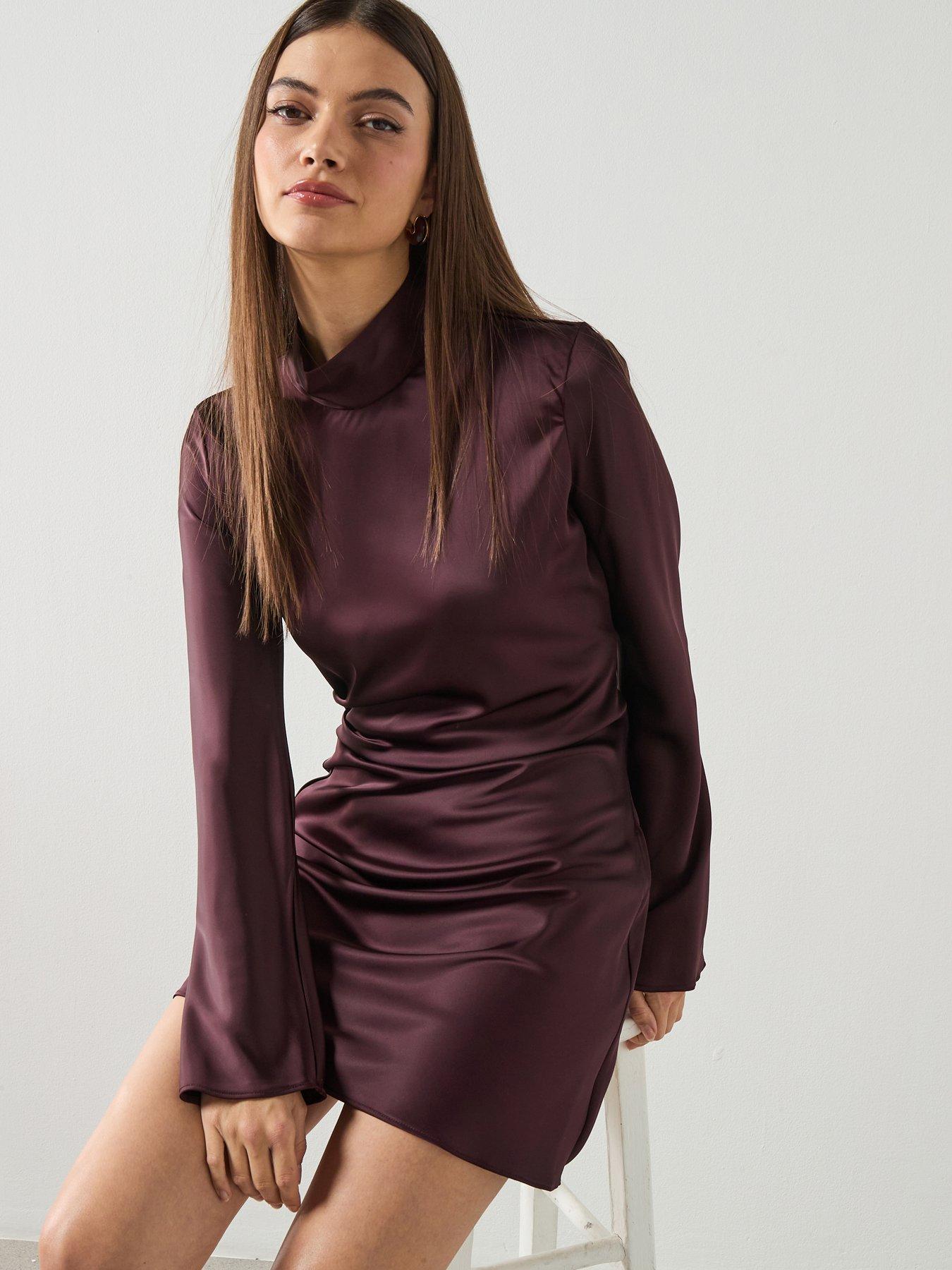Mango Satin Dress With Dart Detail - Burgundy