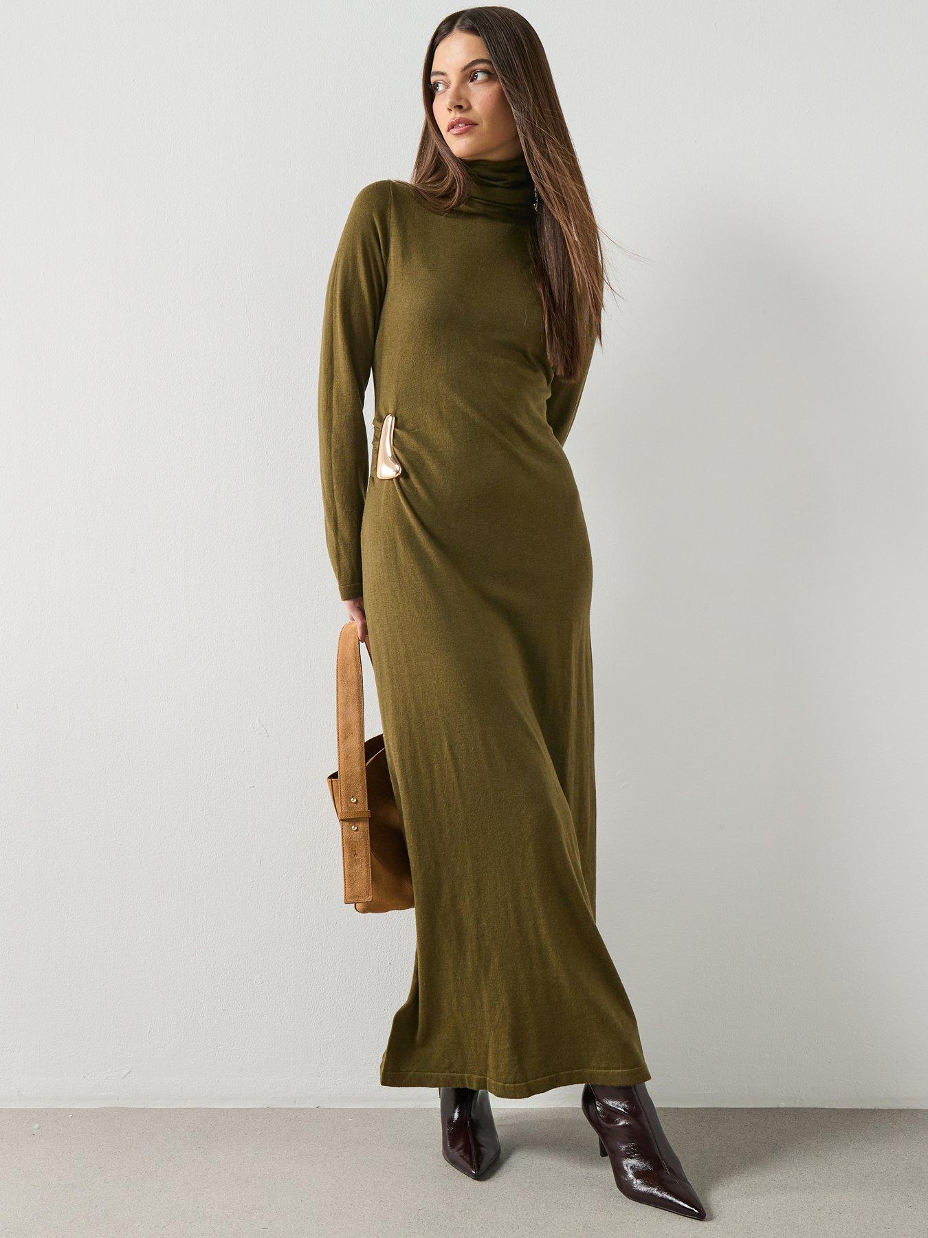Mango Turtleneck Knitted Dress With Brooch - Khaki | Very