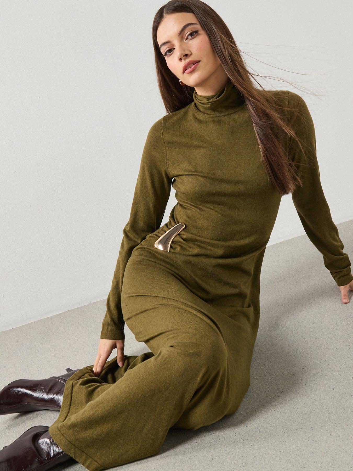 Mango Turtleneck Knitted Dress With Brooch - Khaki | Very