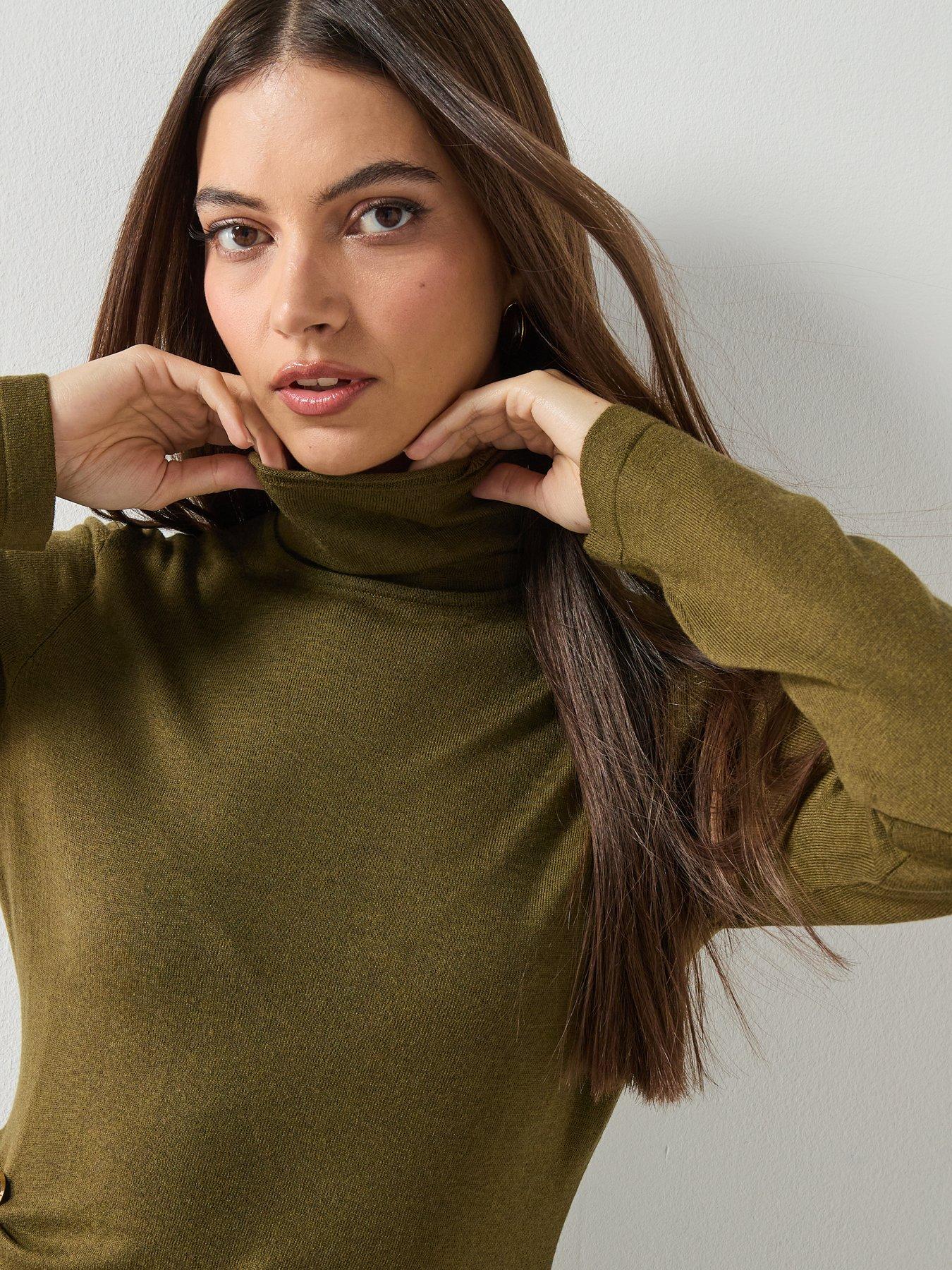 Mango Turtleneck Knitted Dress With Brooch - Khaki | Very
