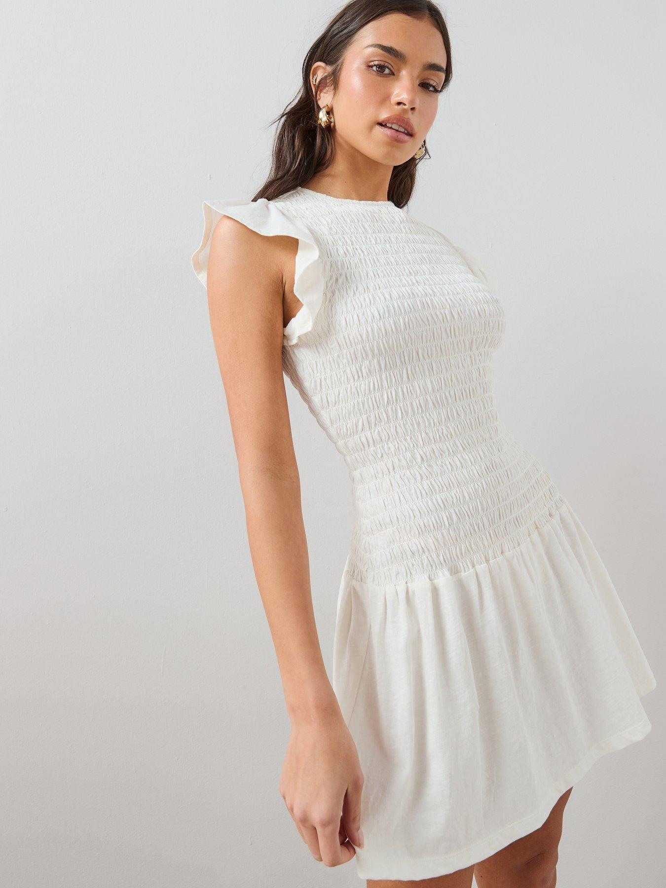 Image 1 of 7 of The Very Collection Short Sleeve Frill Shirred Mini Dress - Cream