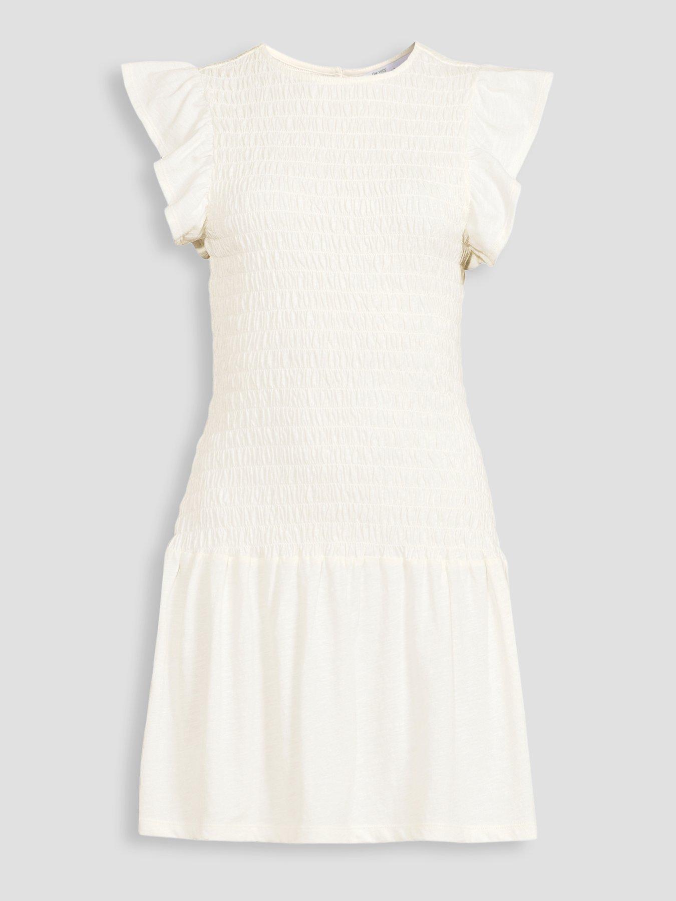 Image 7 of 7 of The Very Collection Short Sleeve Frill Shirred Mini Dress - Cream