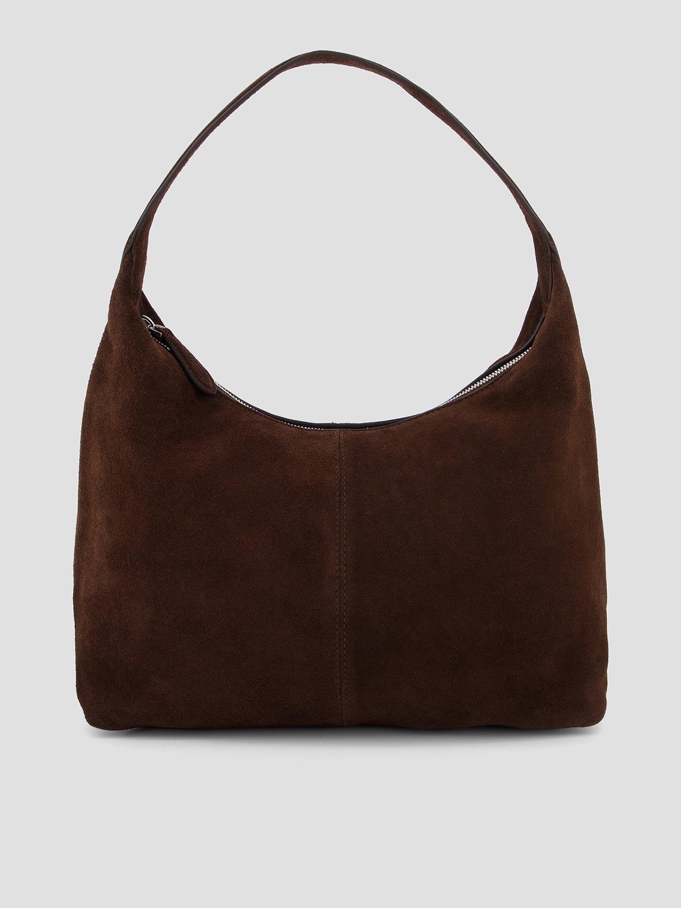 Mango Curro Suede Shoulder Bag with Stitching - Brown